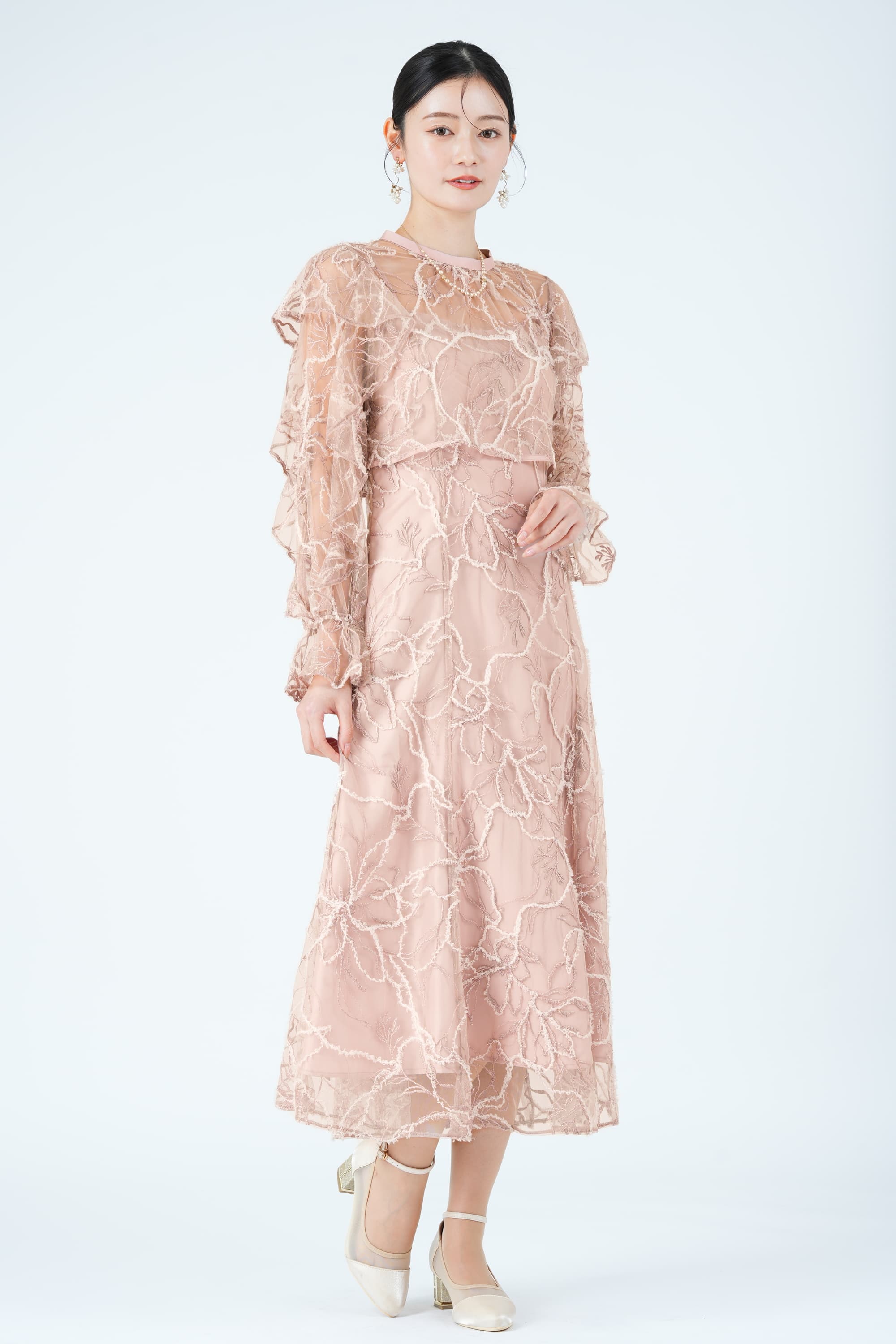 フェザーレースレイヤードピンクドレス