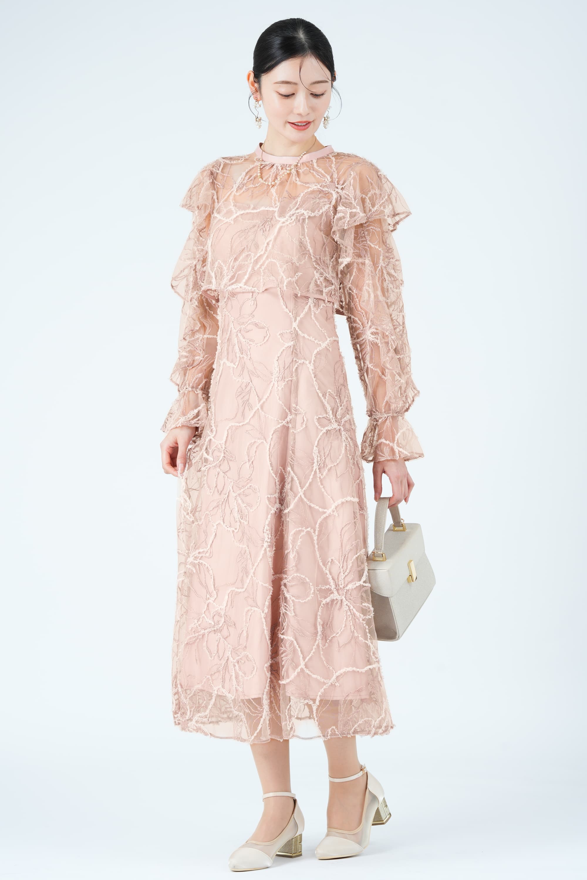 フェザーレースレイヤードピンクドレス