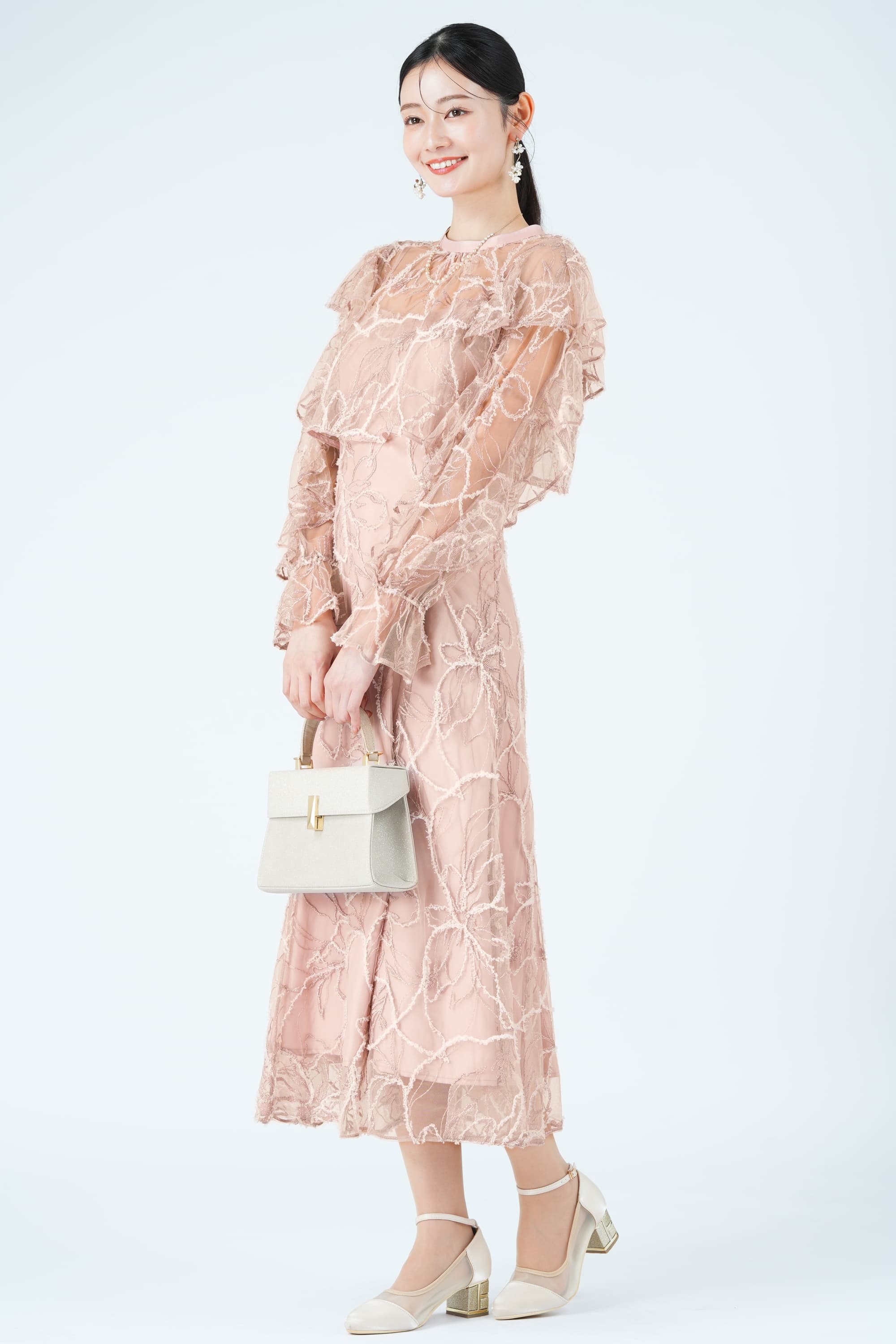 フェザーレースレイヤードピンクドレス