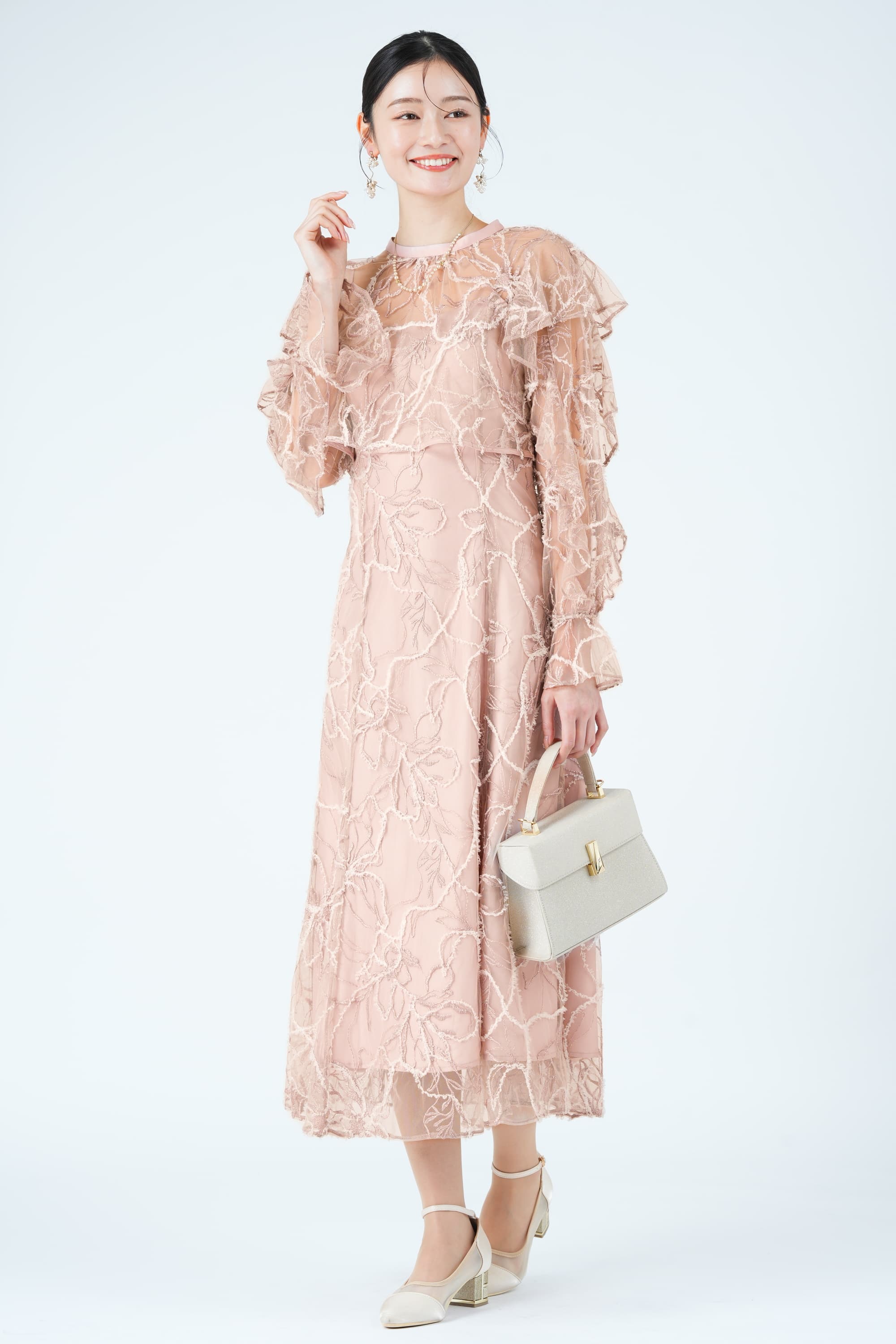 フェザーレースレイヤードピンクドレス