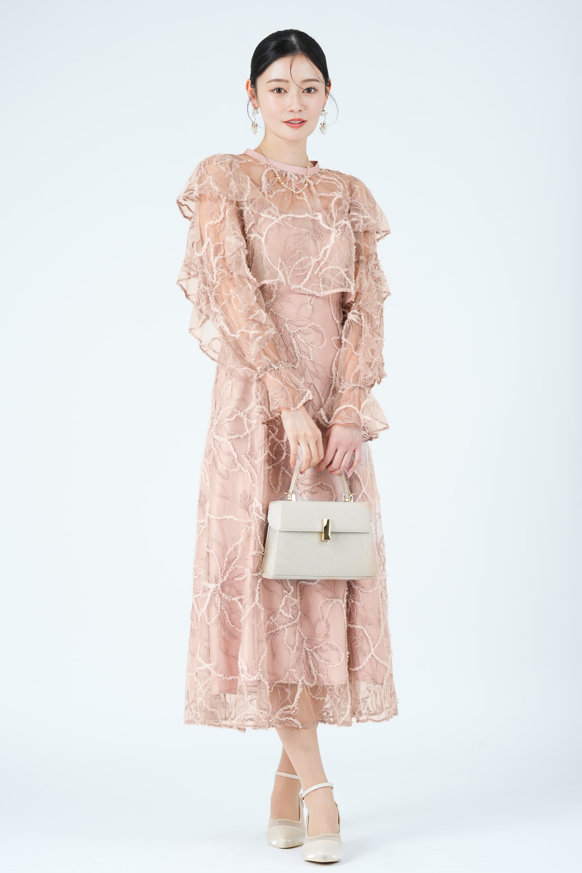 フェザーレースレイヤードピンクドレス