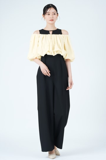パール付きオフショルスリーブブラックパンツドレス