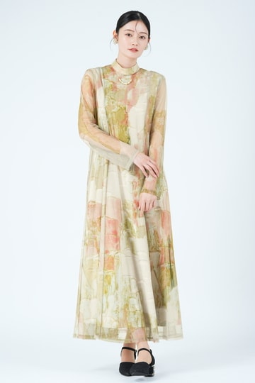 アート柄ライトベージュドレス
