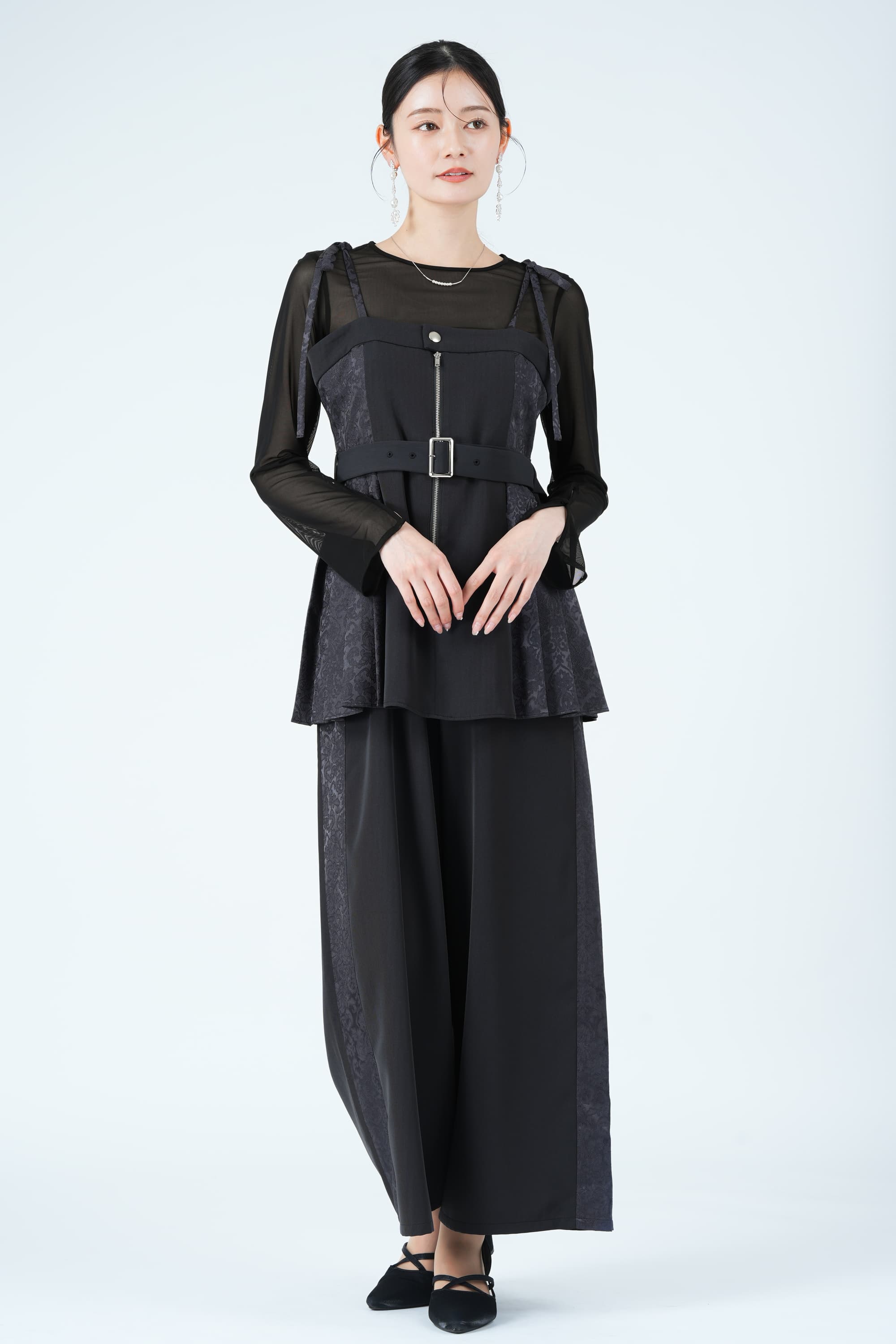 サイドジャガード切替プリーツグレーパンツドレス