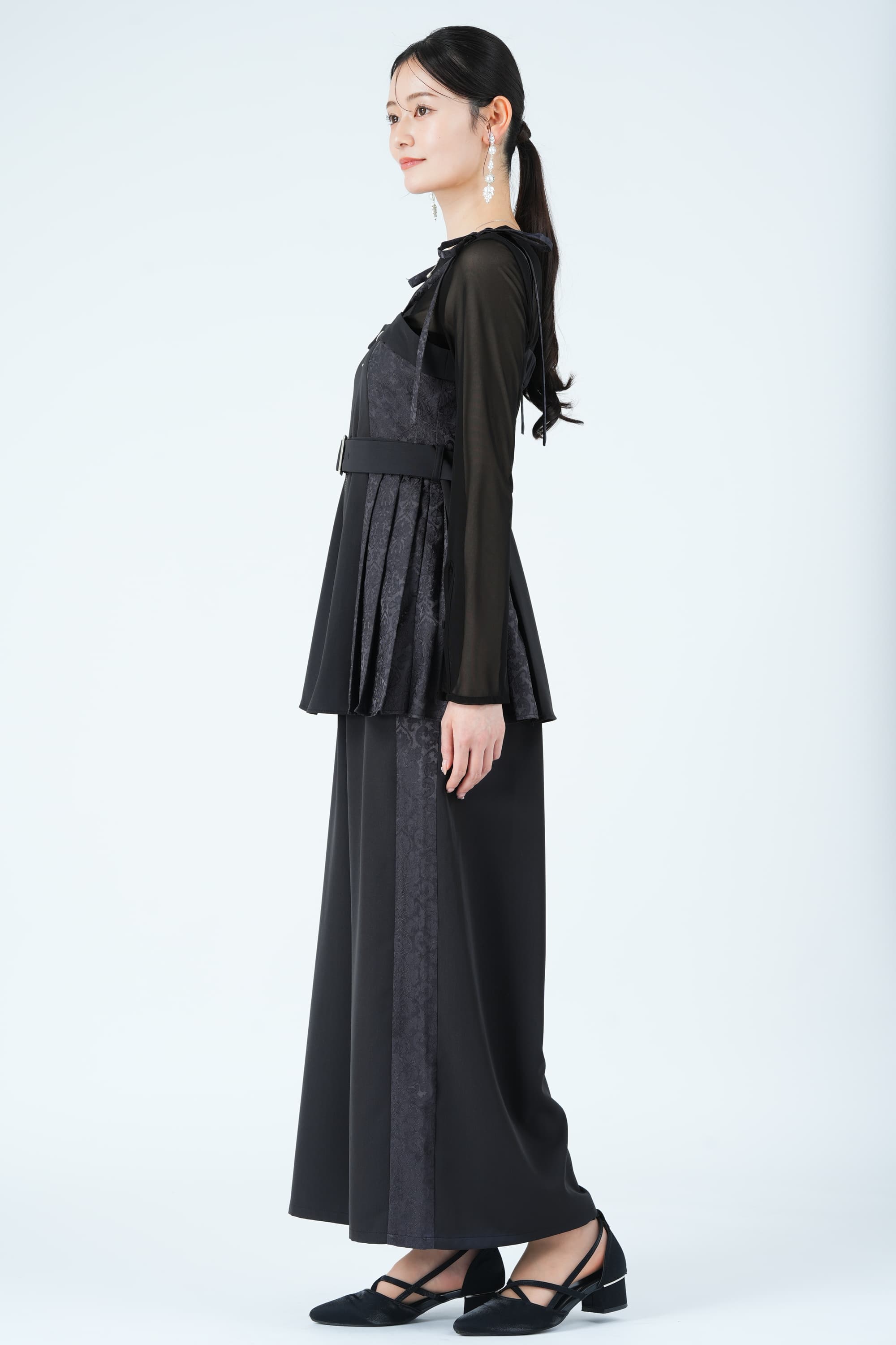 サイドジャガード切替プリーツグレーパンツドレス