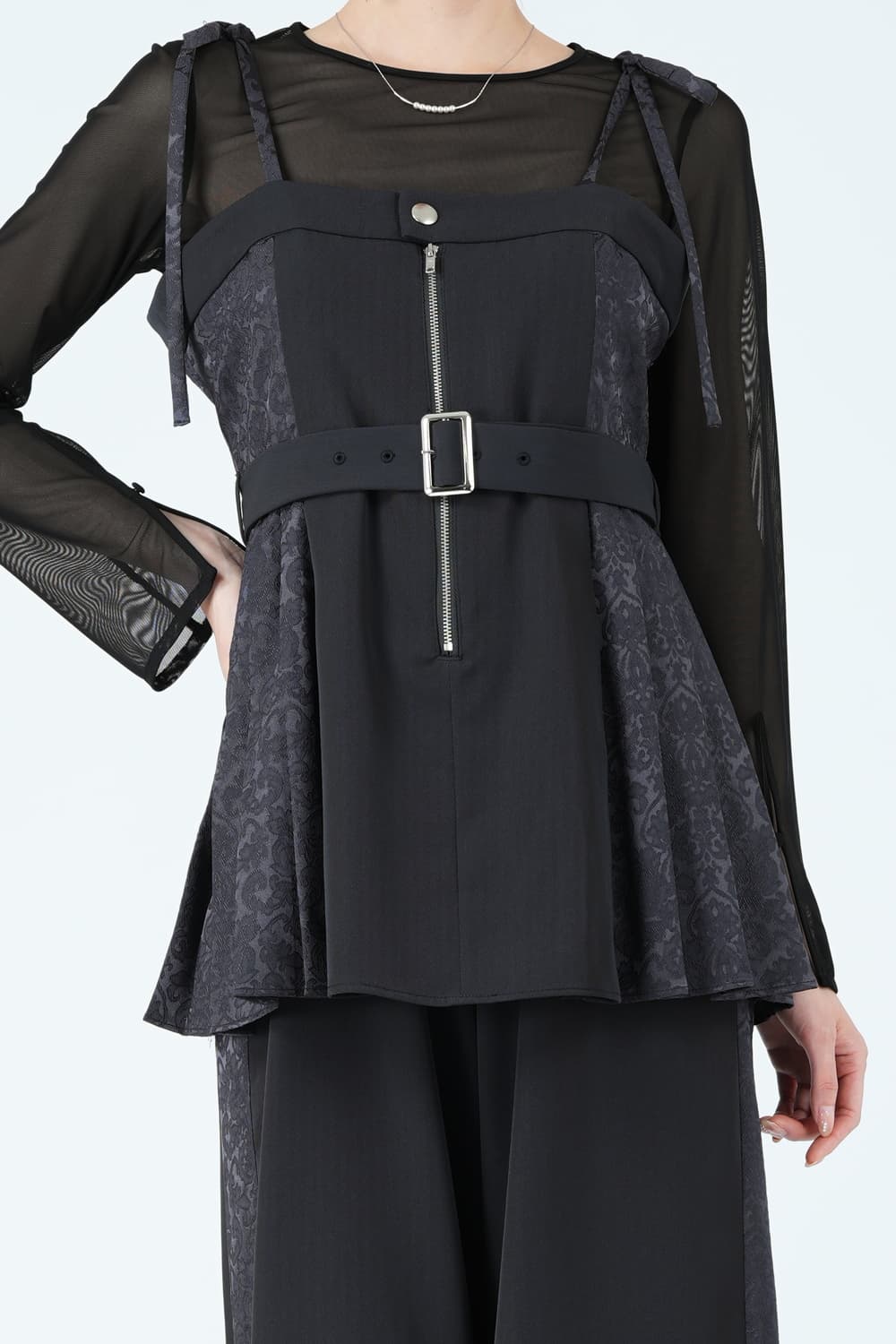 サイドジャガード切替プリーツグレーパンツドレス