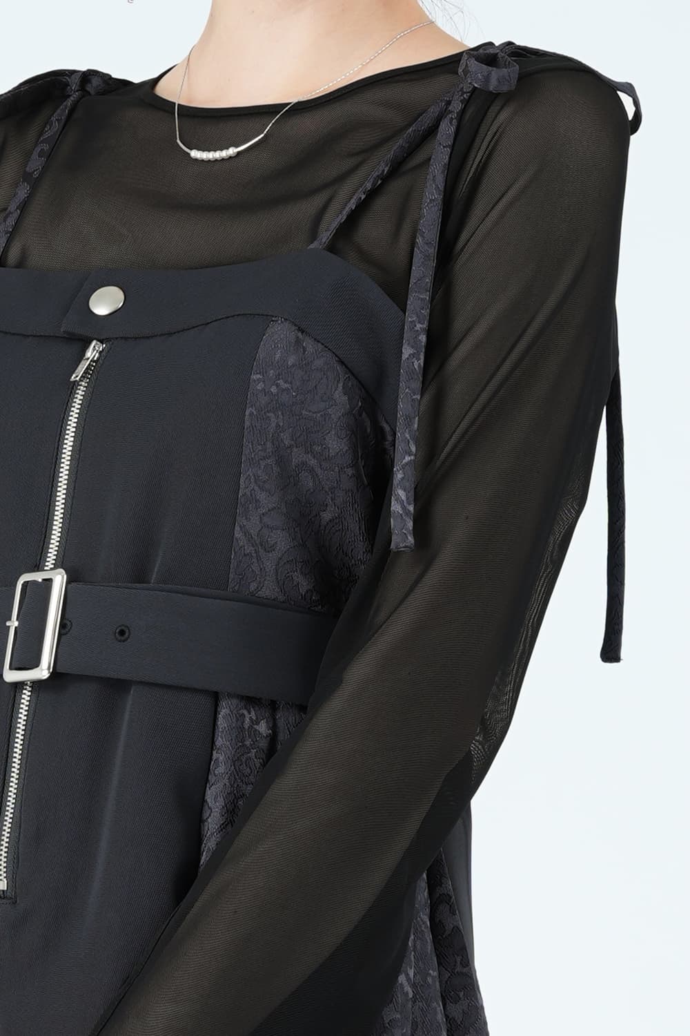 サイドジャガード切替プリーツグレーパンツドレス