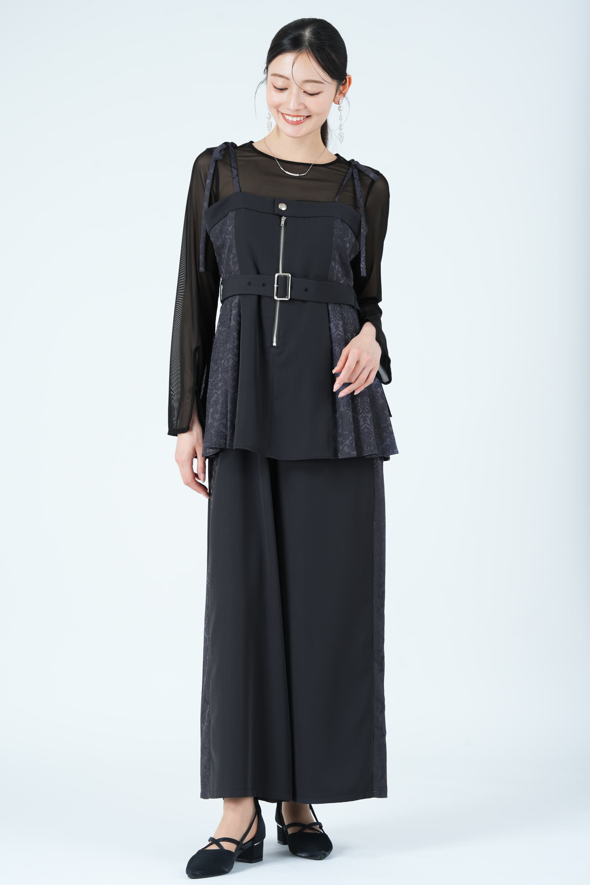 サイドジャガード切替プリーツグレーパンツドレス