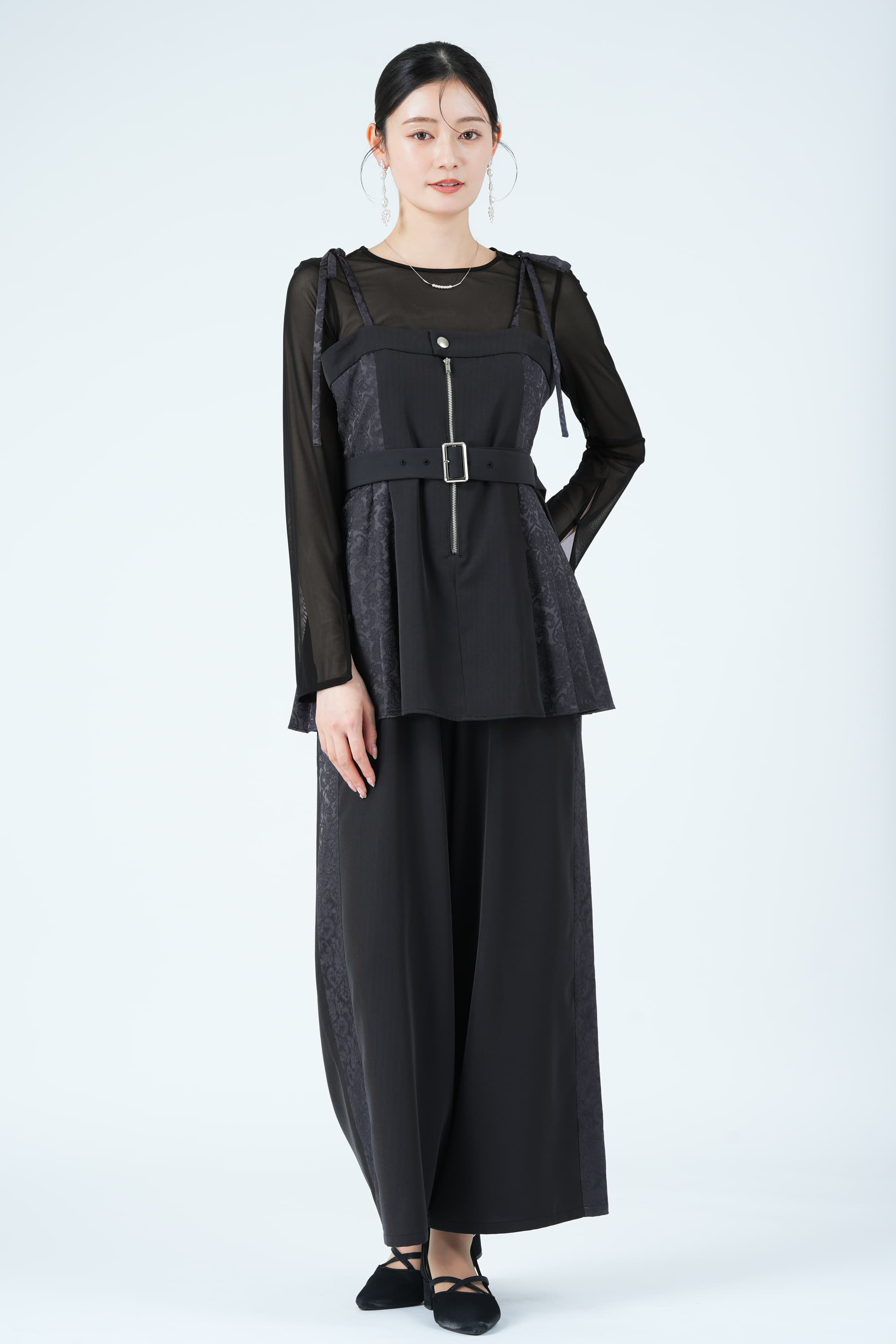 サイドジャガード切替プリーツグレーパンツドレス