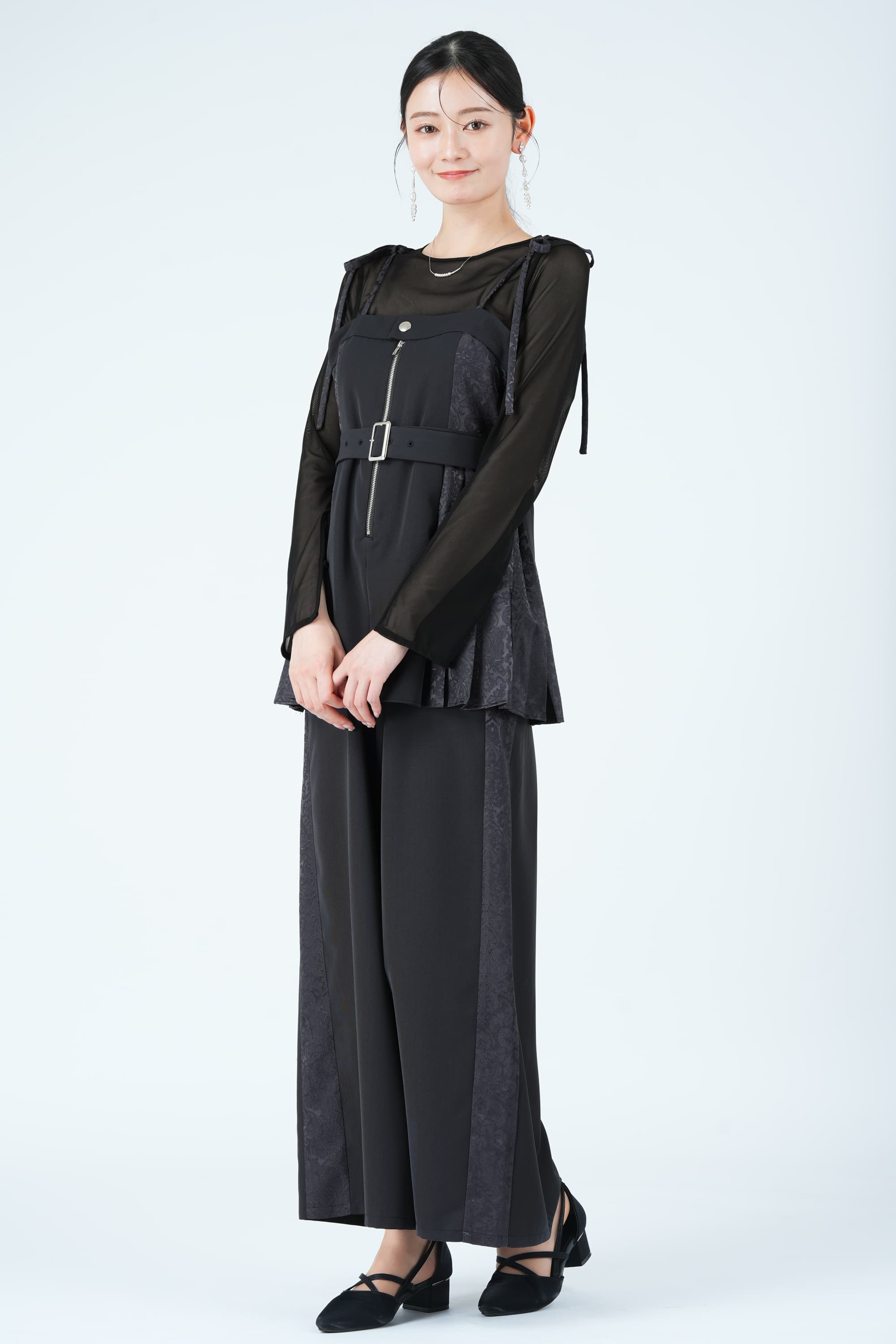 サイドジャガード切替プリーツグレーパンツドレス