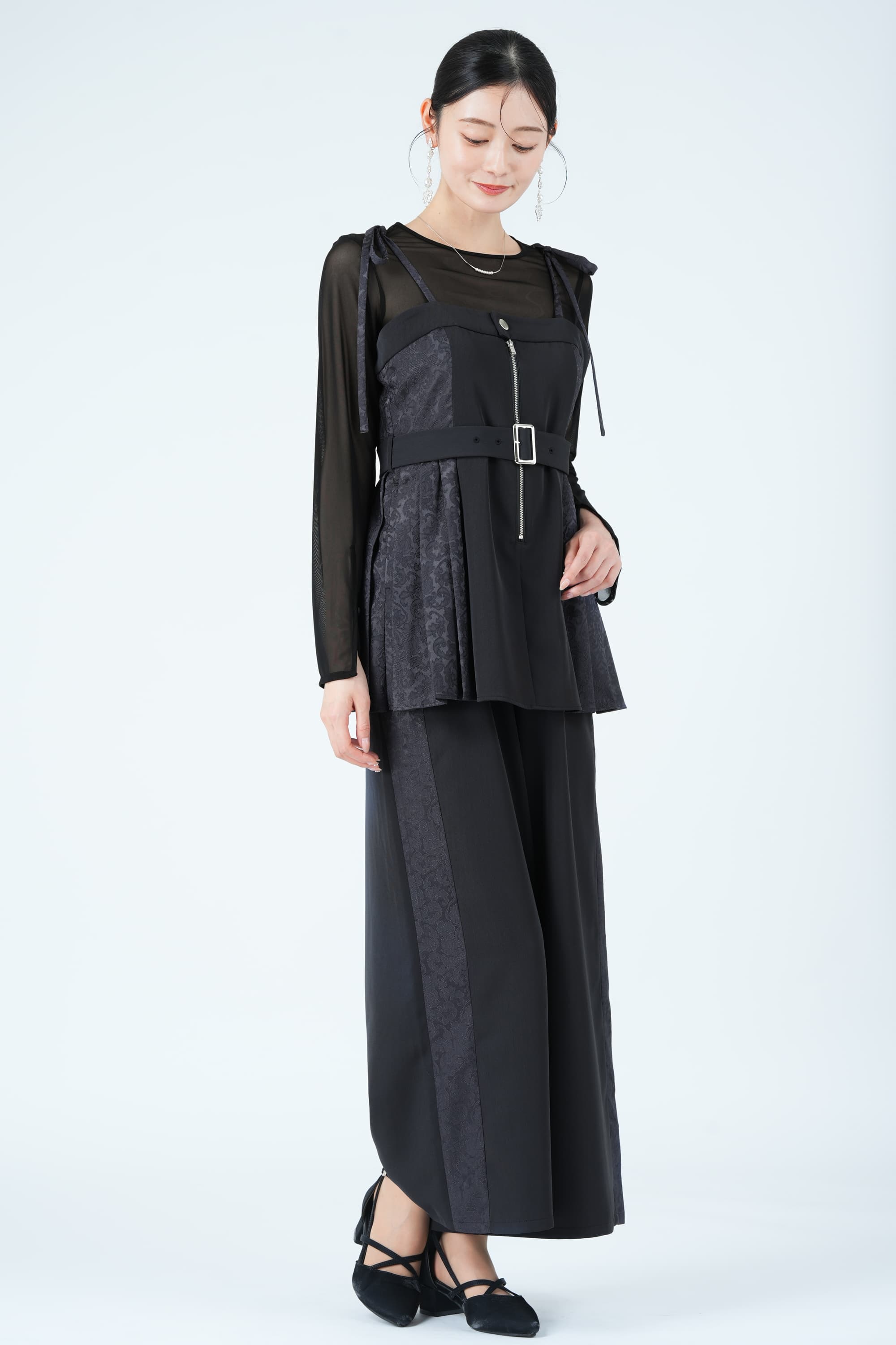 サイドジャガード切替プリーツグレーパンツドレス