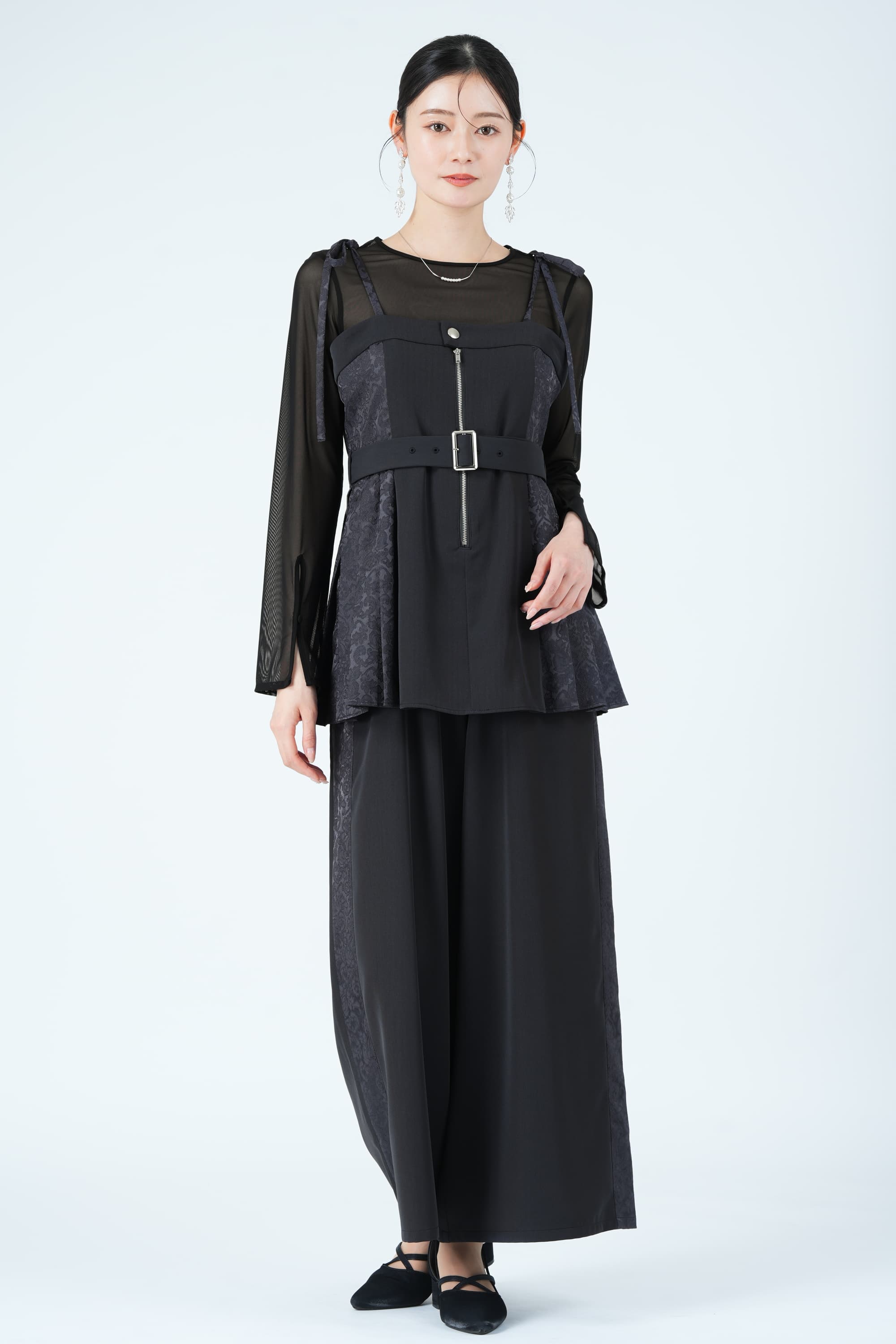 サイドジャガード切替プリーツグレーパンツドレス