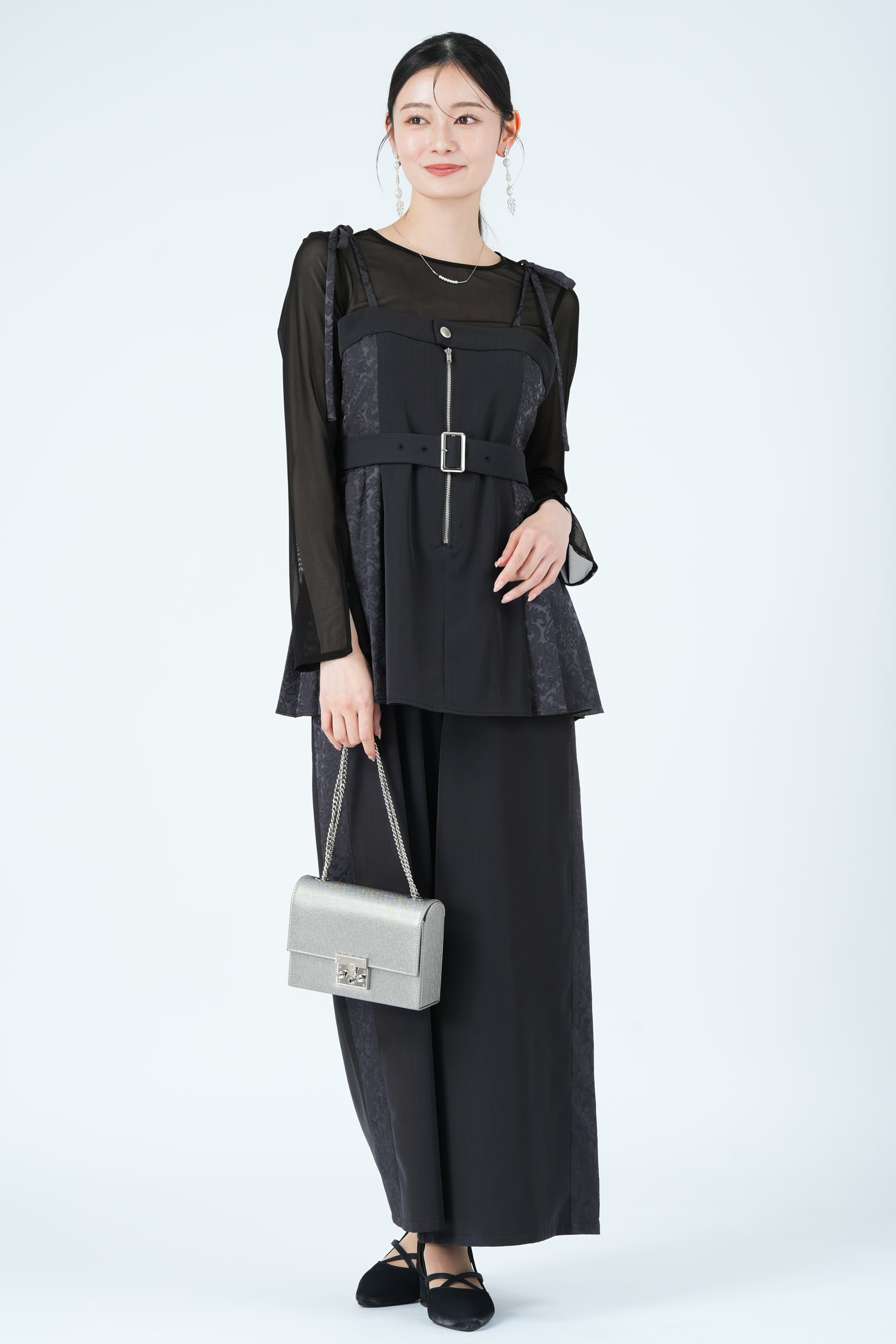 サイドジャガード切替プリーツグレーパンツドレス