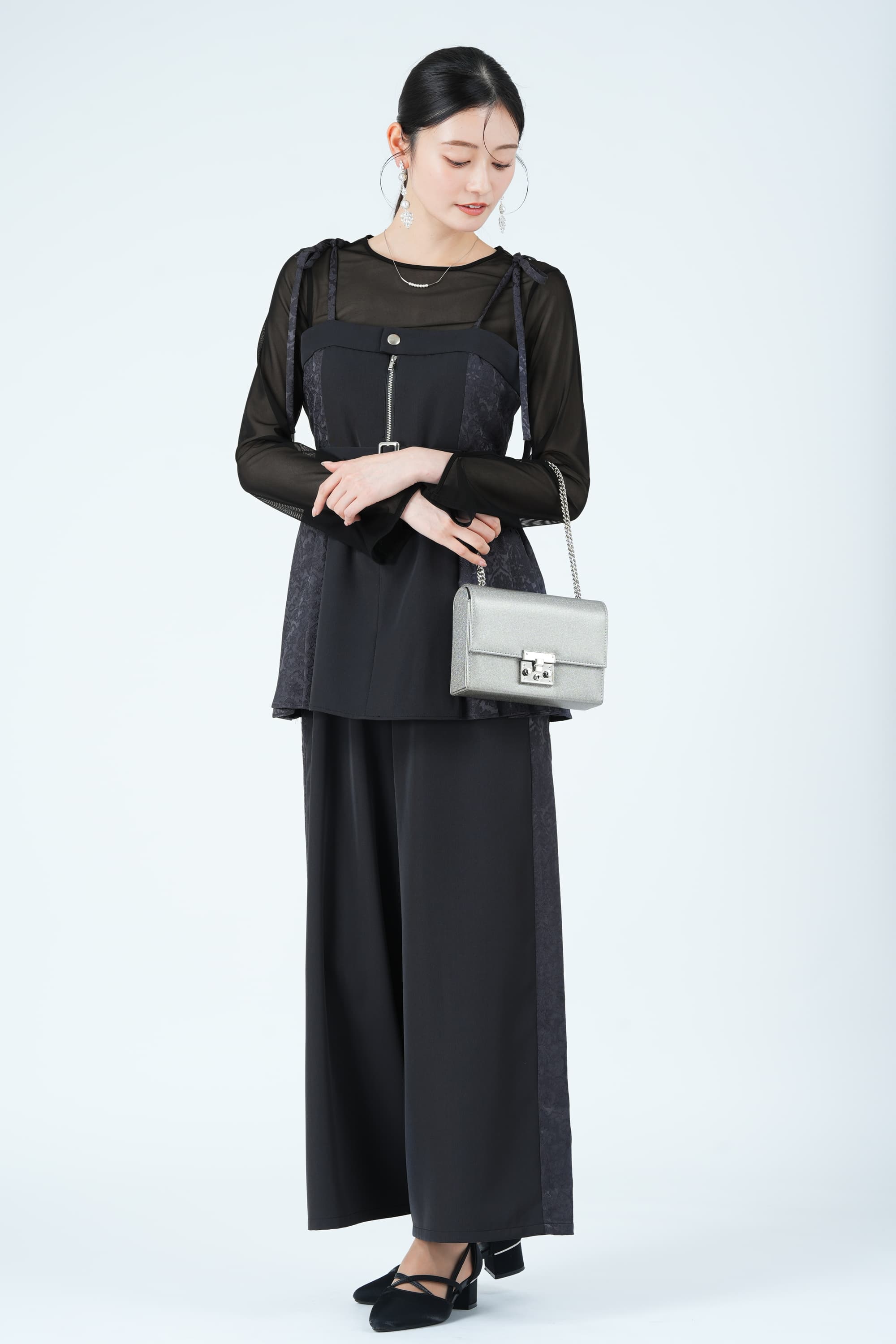 サイドジャガード切替プリーツグレーパンツドレス