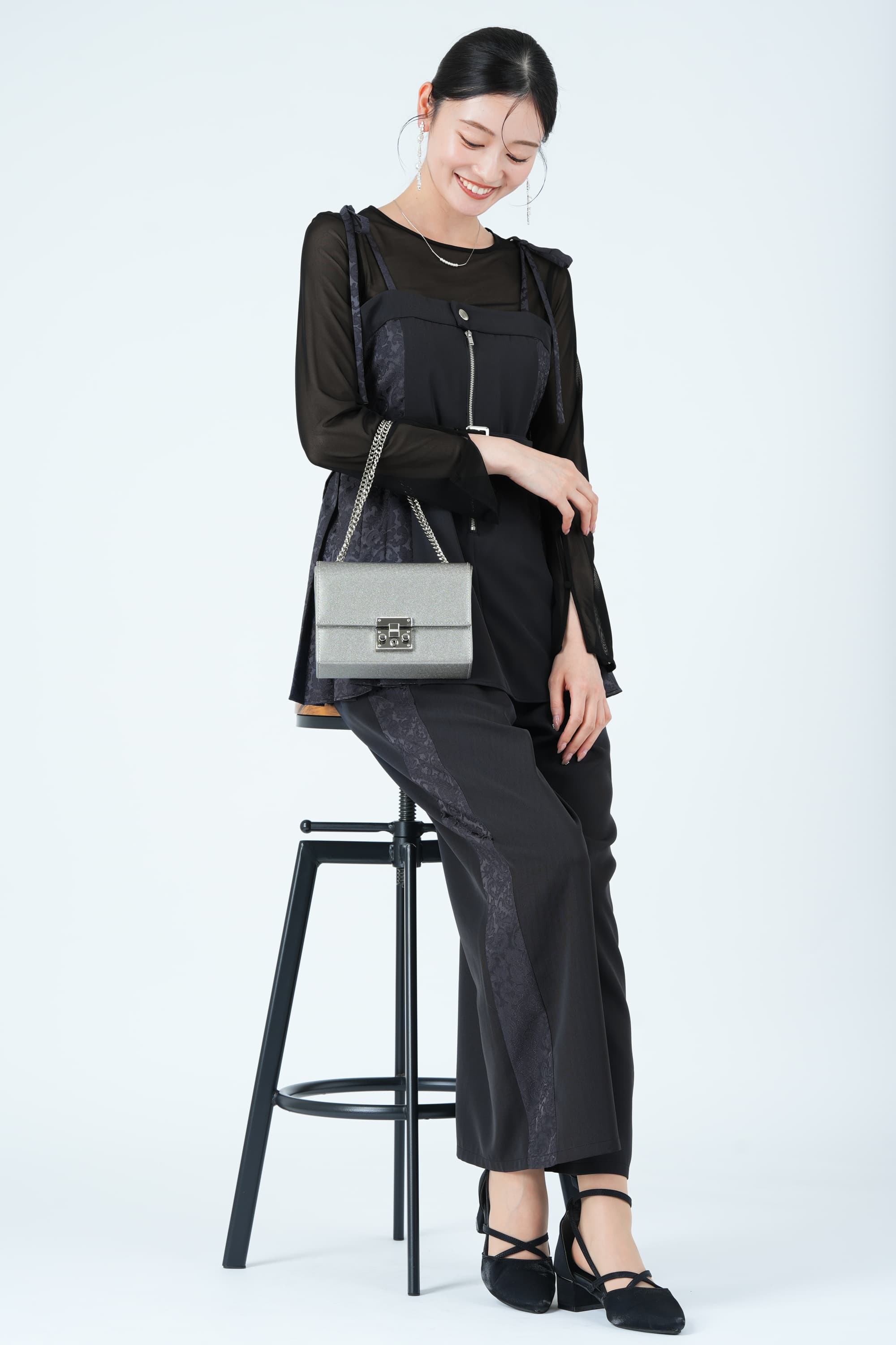 サイドジャガード切替プリーツグレーパンツドレス