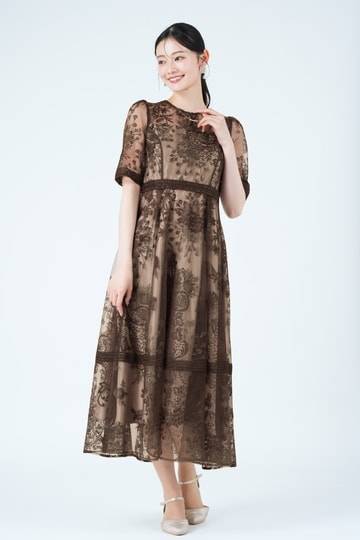 ラダーレース&times;フラワー刺繍ブラウンドレス