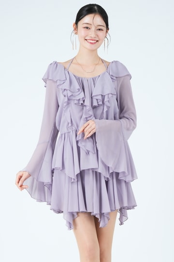 ラッフルデザイントップス&times;フレアラベンダーパンツドレス