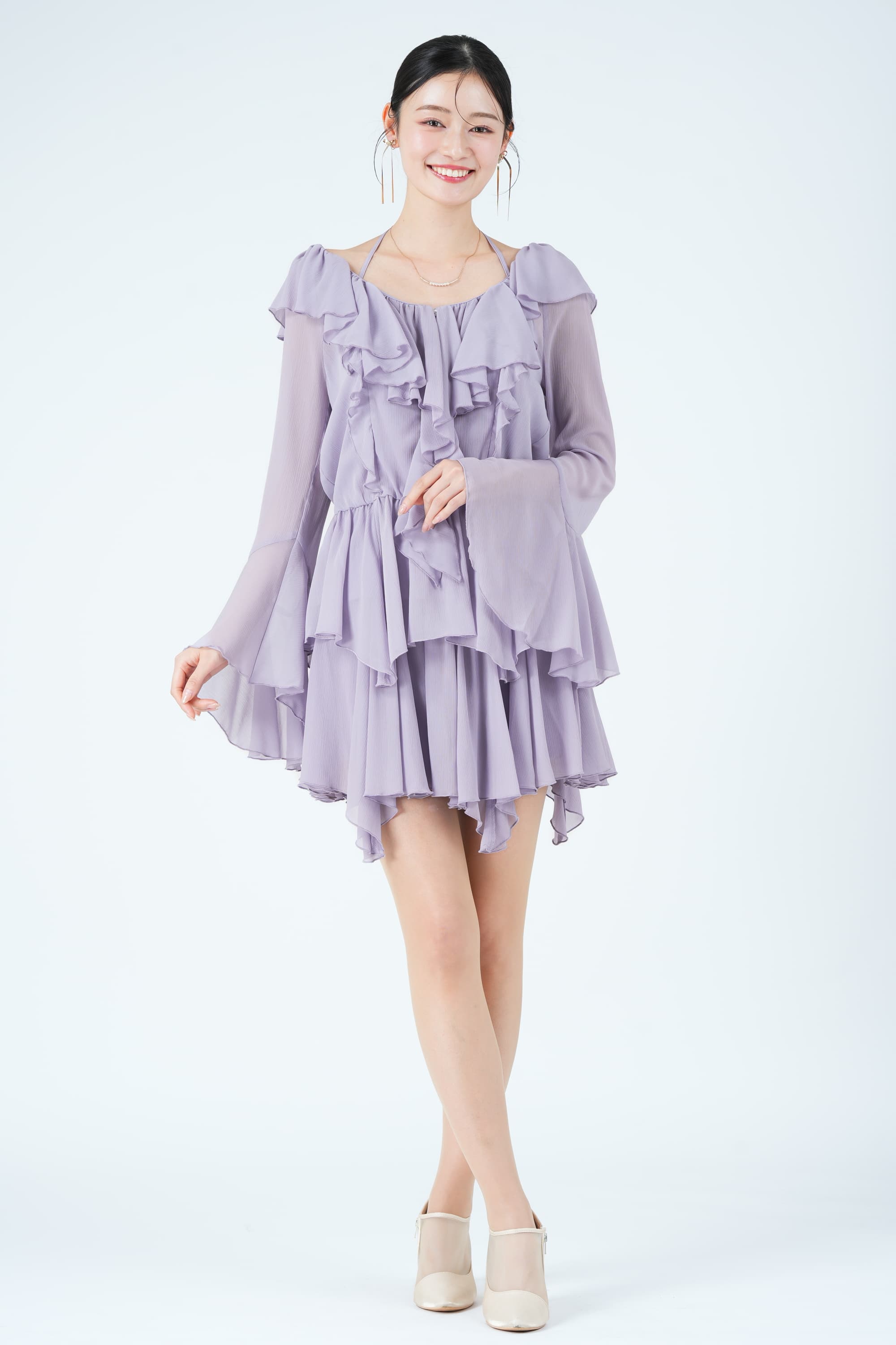 ラッフルデザイントップス&times;フレアラベンダーパンツドレス