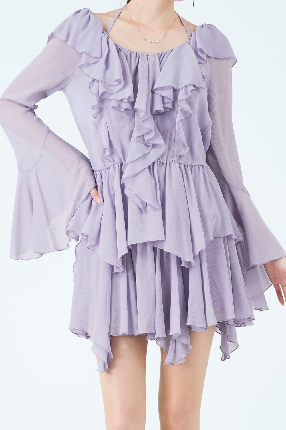 ラッフルデザイントップス&times;フレアラベンダーパンツドレス