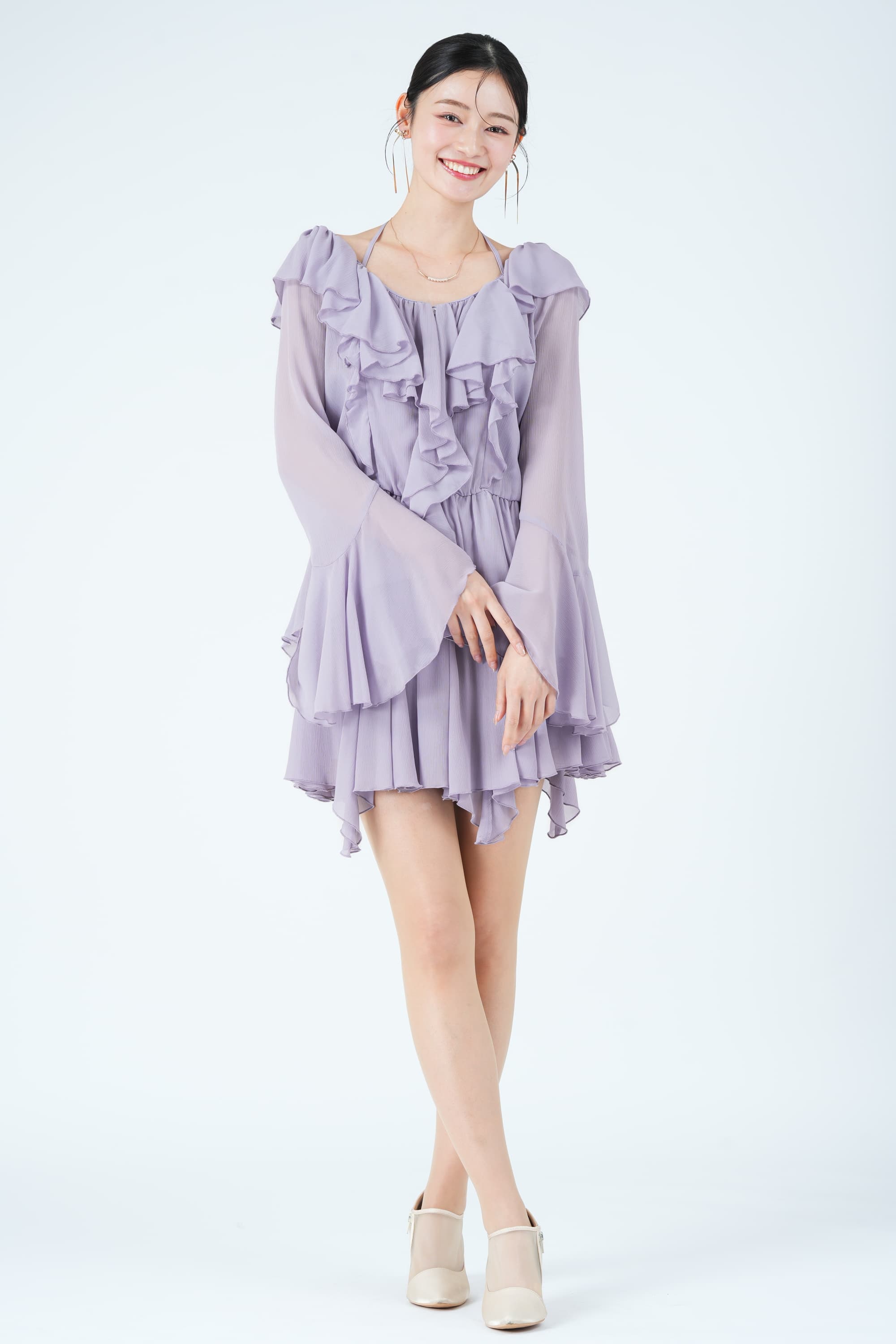 ラッフルデザイントップス&times;フレアラベンダーパンツドレス