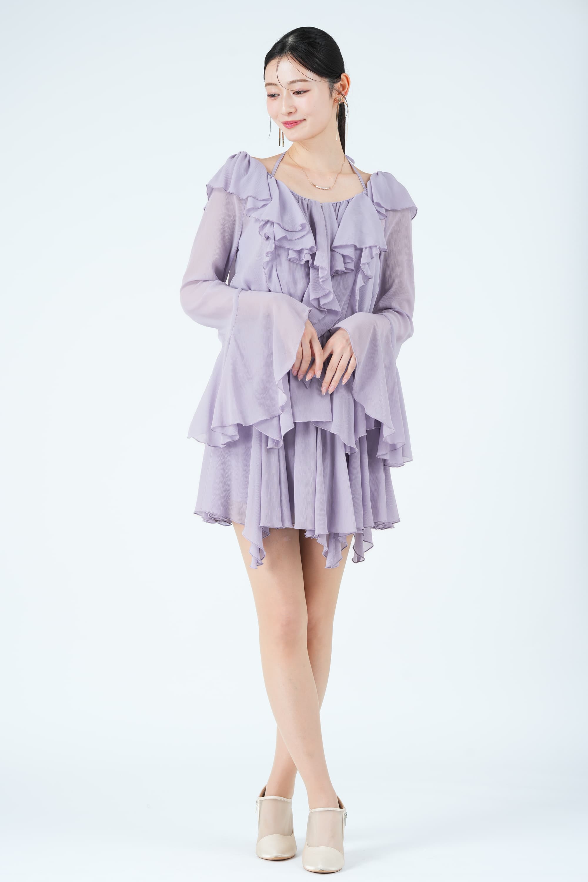 ラッフルデザイントップス&times;フレアラベンダーパンツドレス