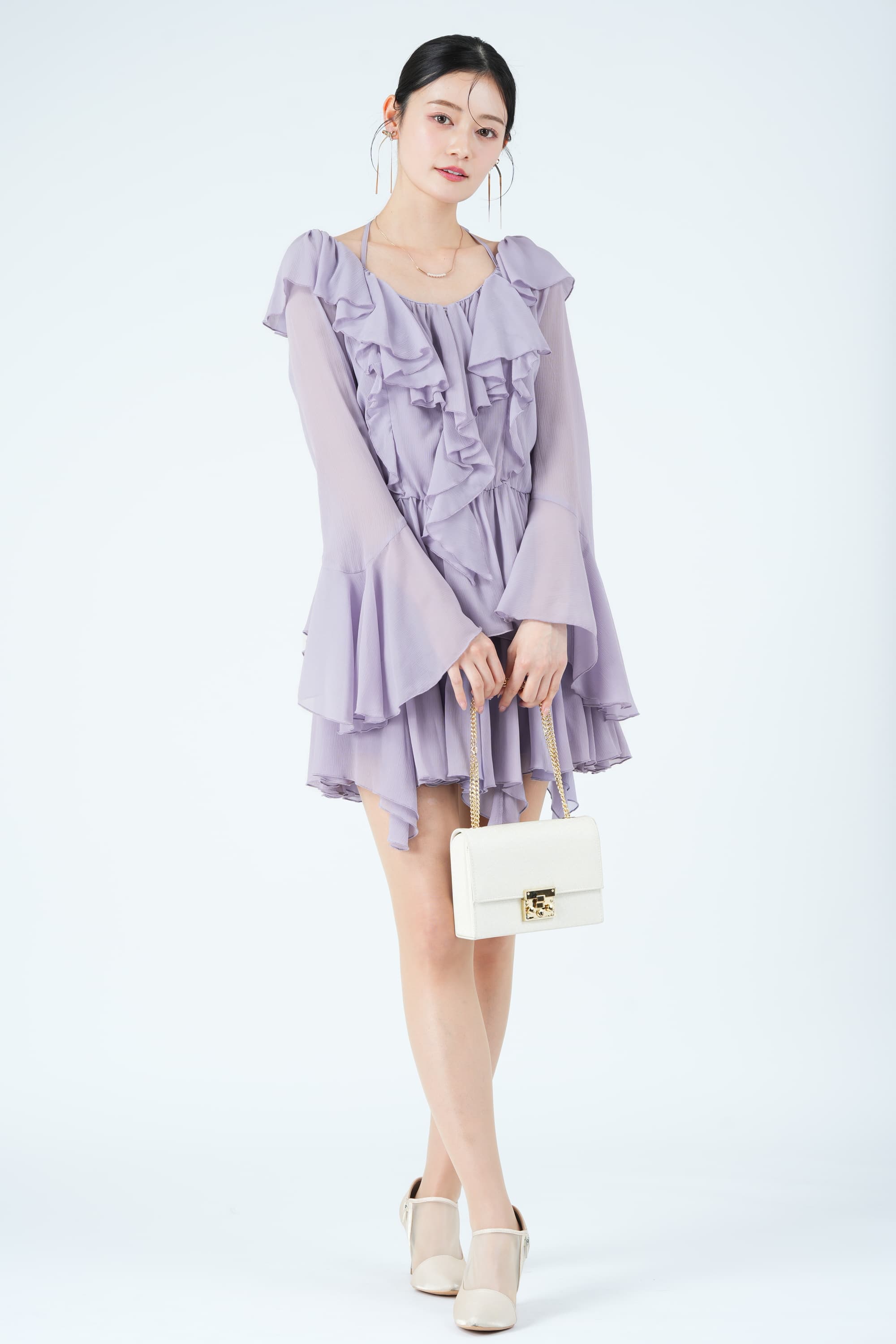 ラッフルデザイントップス&times;フレアラベンダーパンツドレス