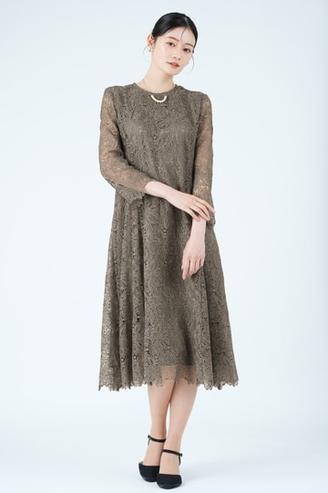 リボンブーケモチーフ総レースブラウンドレス