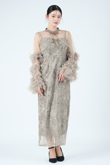 フラワー刺繍フリルスリーブリボンタイグレードレス