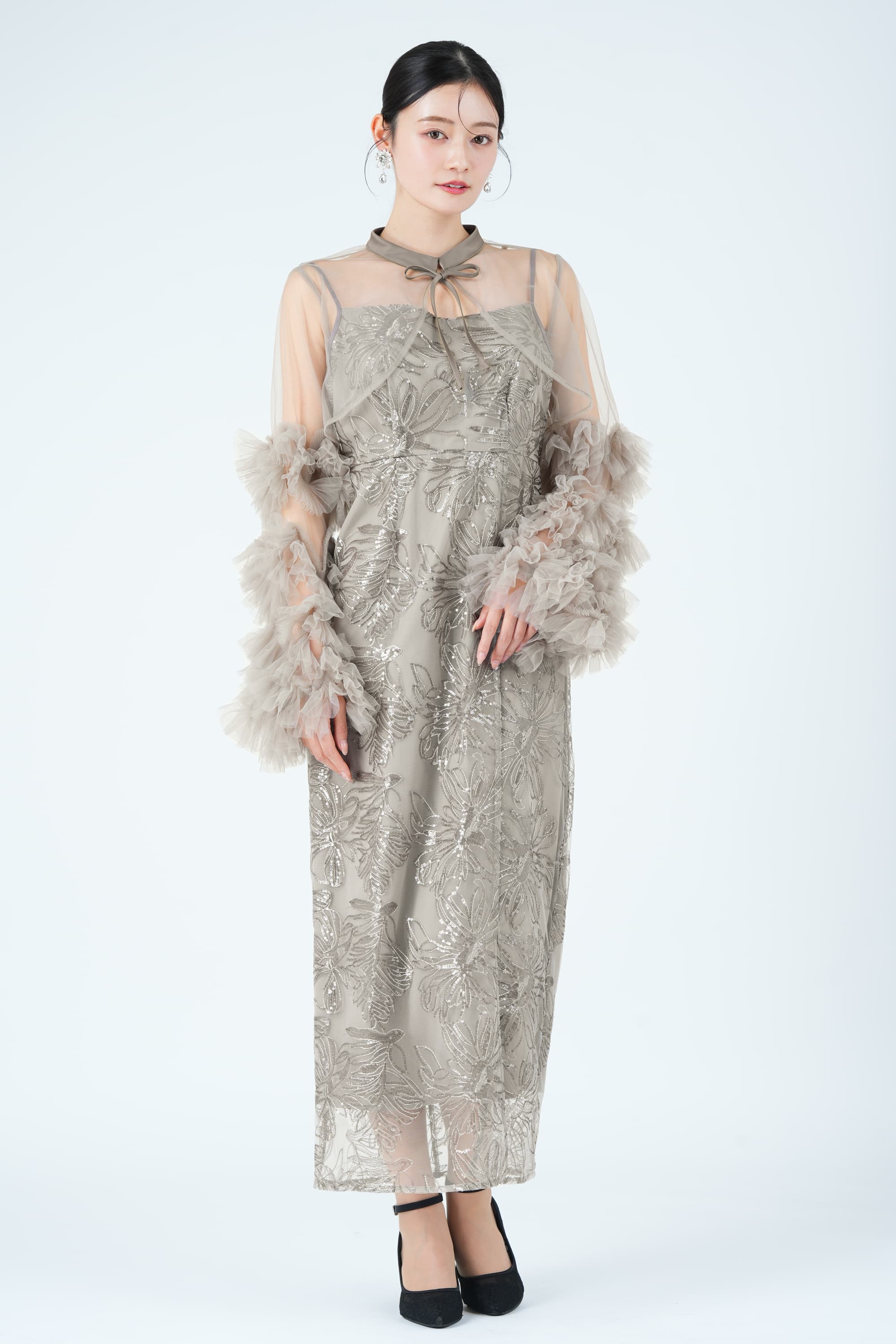 フラワー刺繍フリルスリーブリボンタイグレードレス