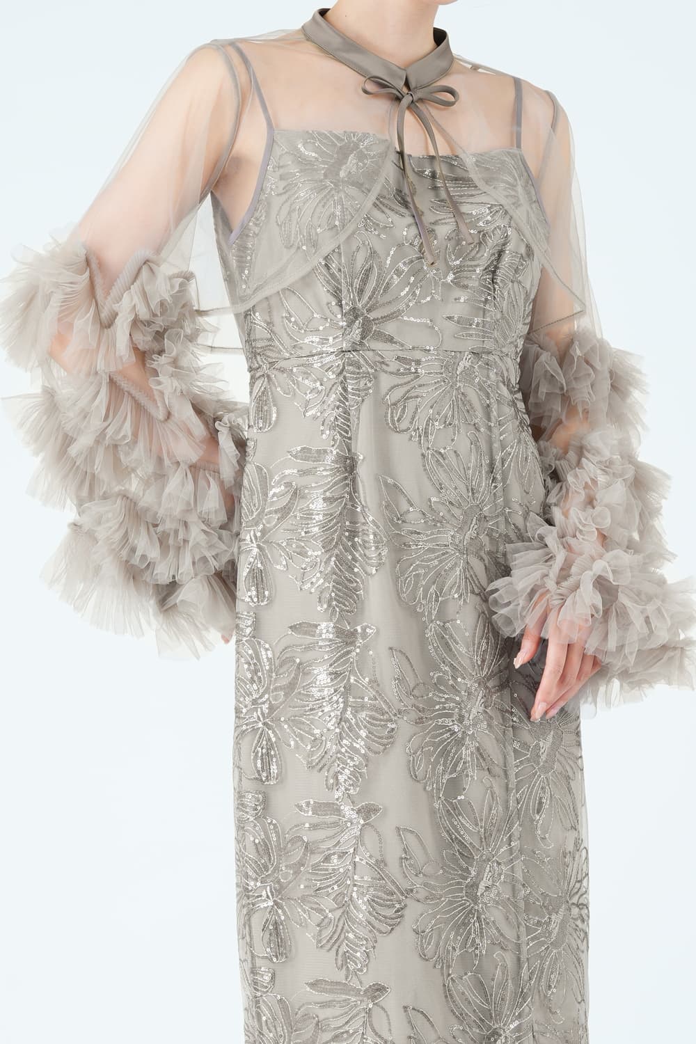 フラワー刺繍フリルスリーブリボンタイグレードレス