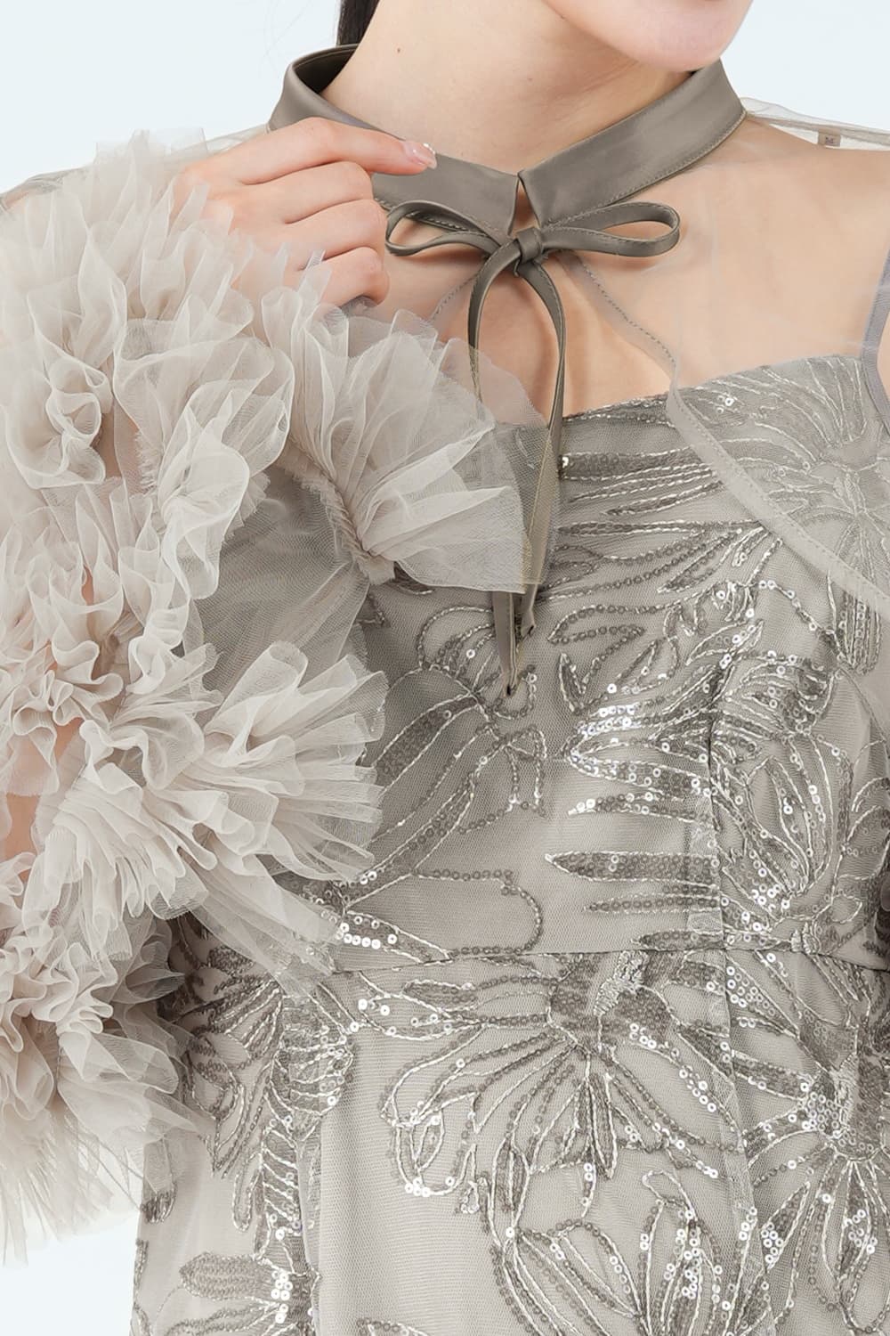 フラワー刺繍フリルスリーブリボンタイグレードレス