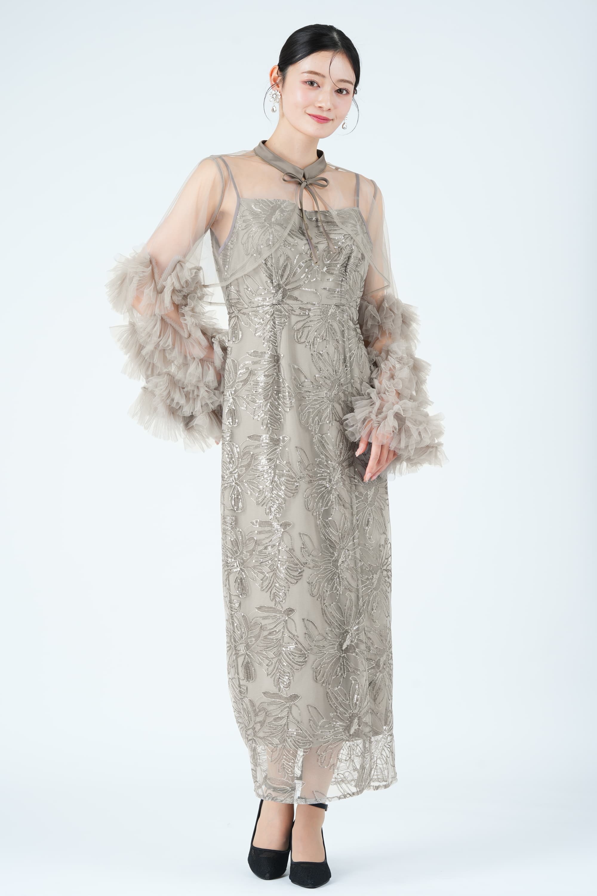 フラワー刺繍フリルスリーブリボンタイグレードレス