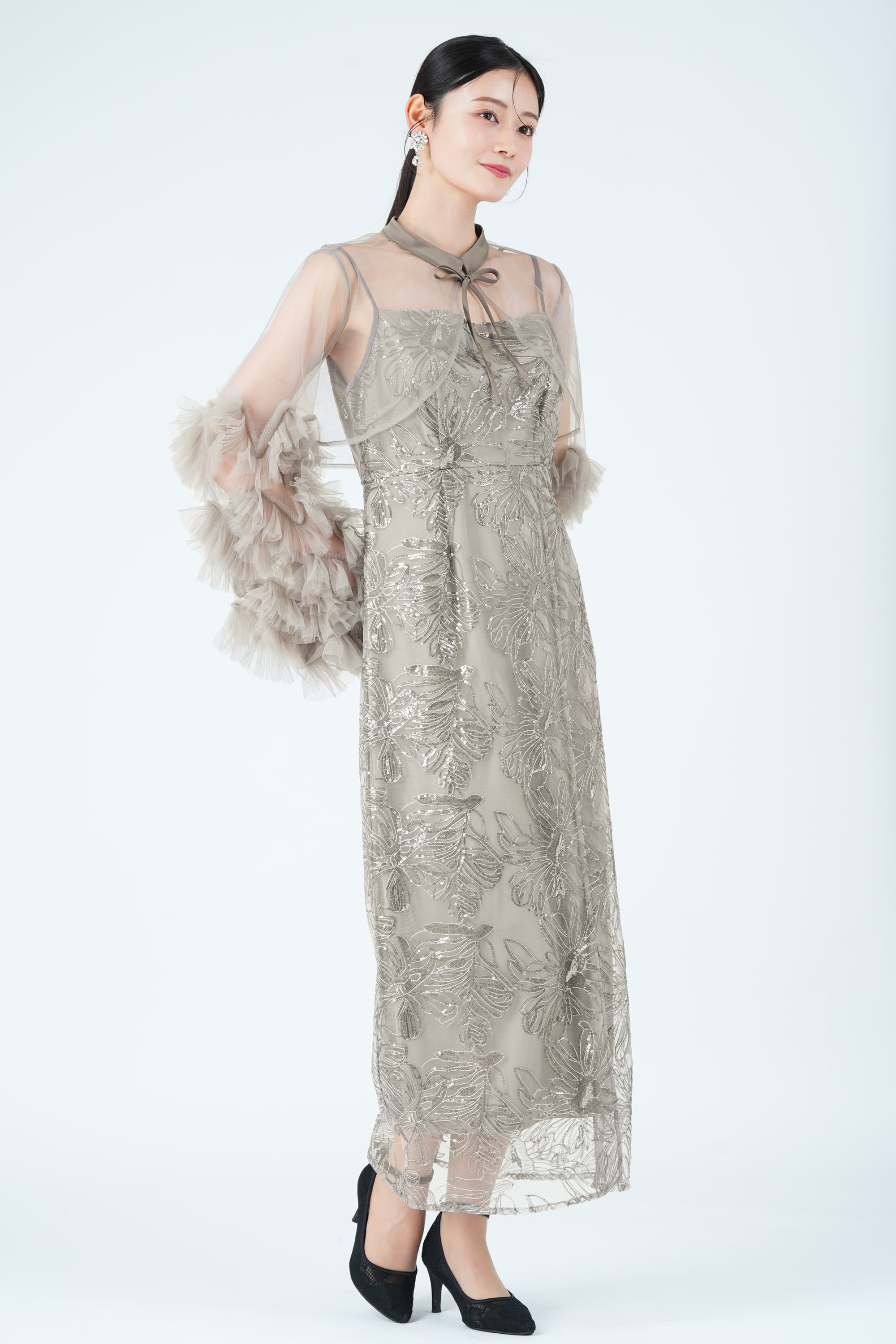 フラワー刺繍フリルスリーブリボンタイグレードレス