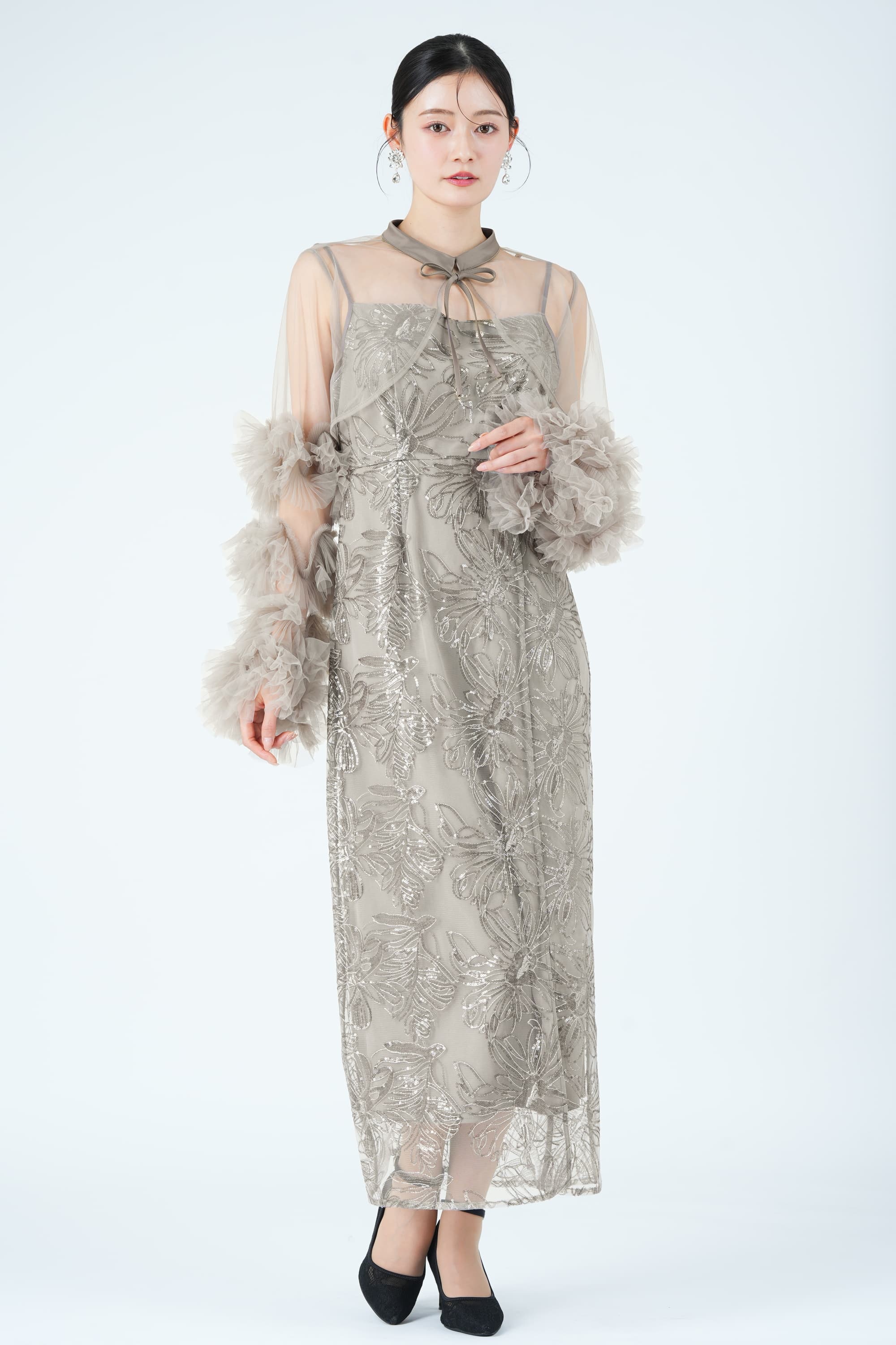 フラワー刺繍フリルスリーブリボンタイグレードレス