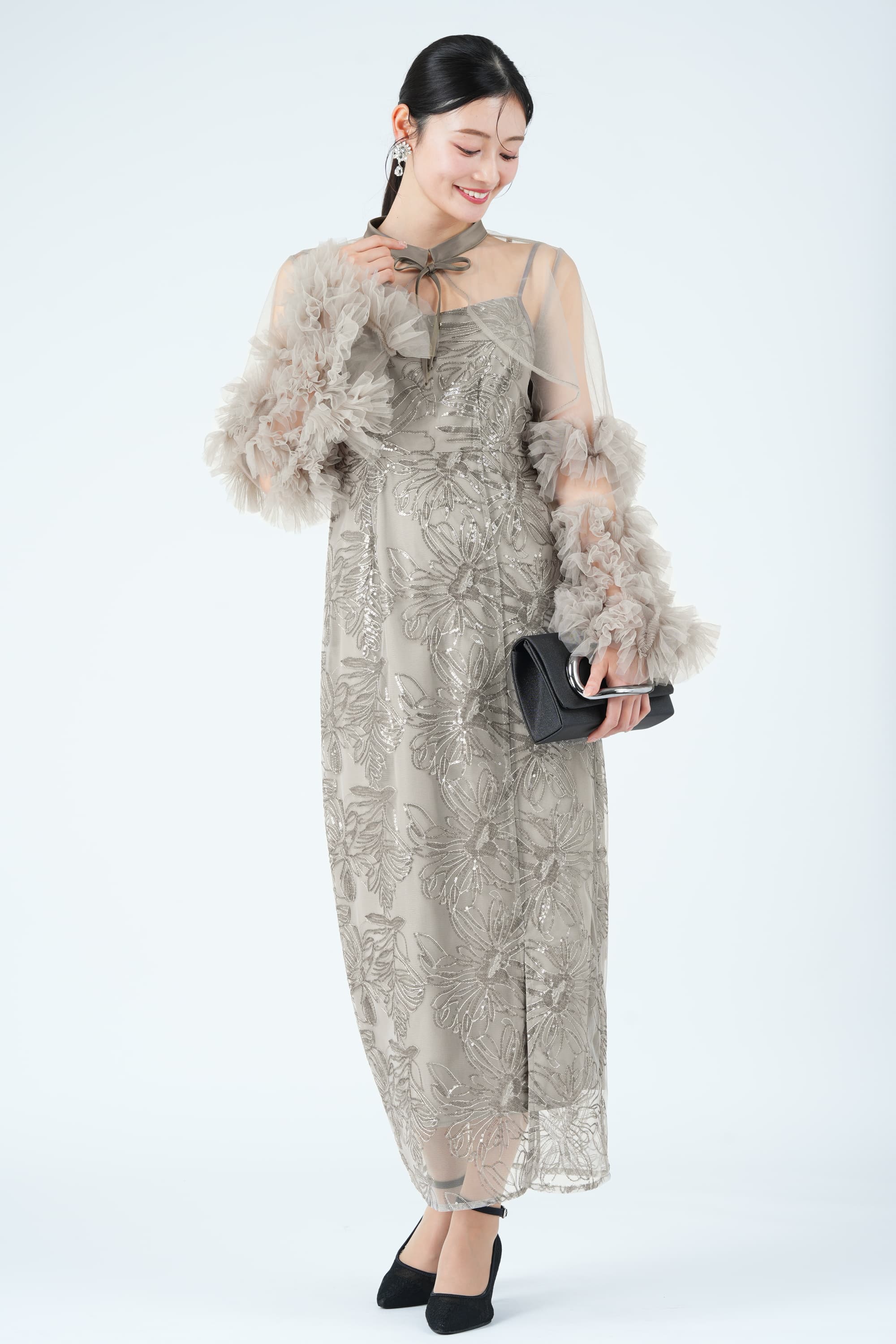 フラワー刺繍フリルスリーブリボンタイグレードレス