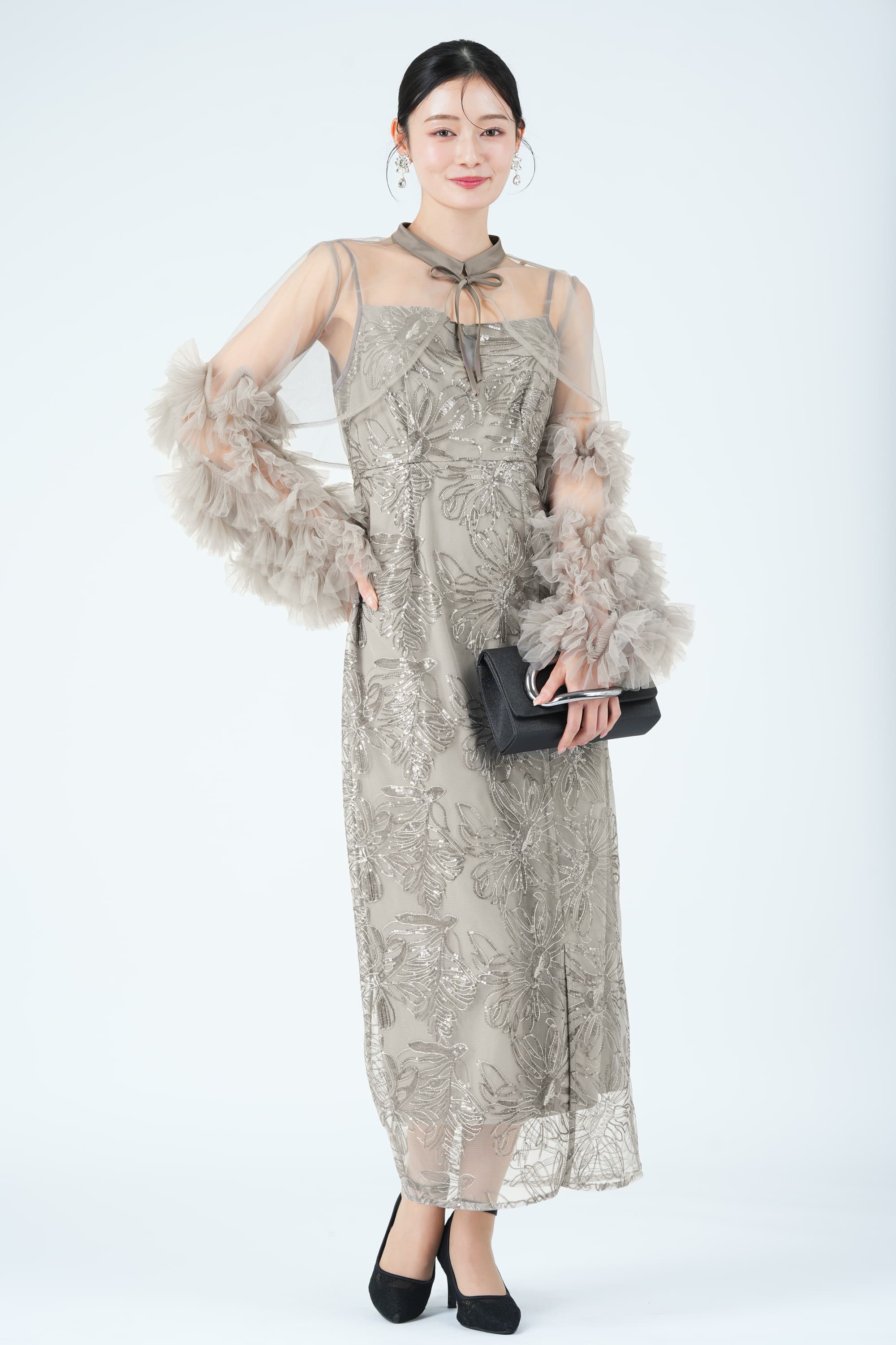 フラワー刺繍フリルスリーブリボンタイグレードレス