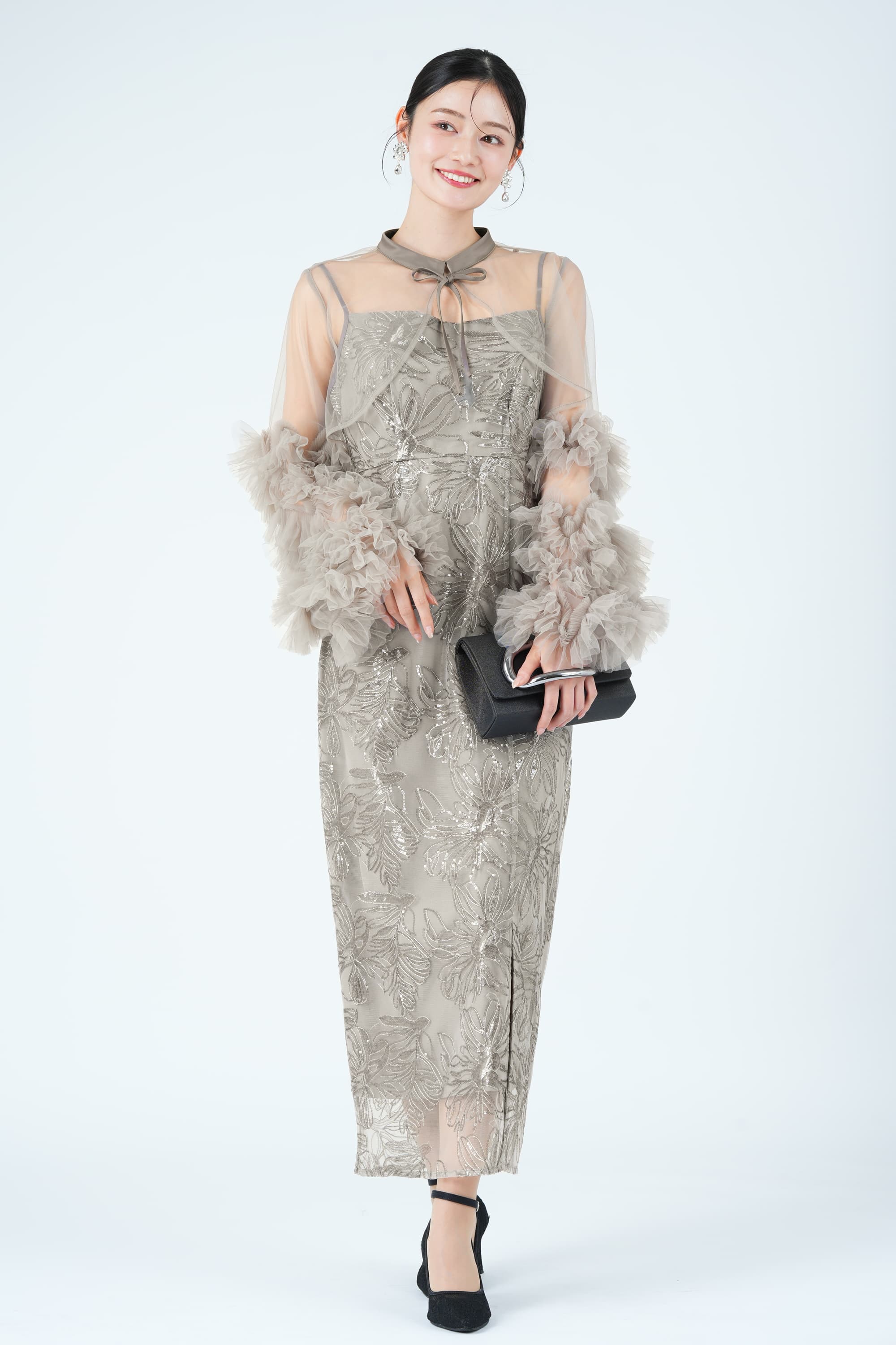 フラワー刺繍フリルスリーブリボンタイグレードレス