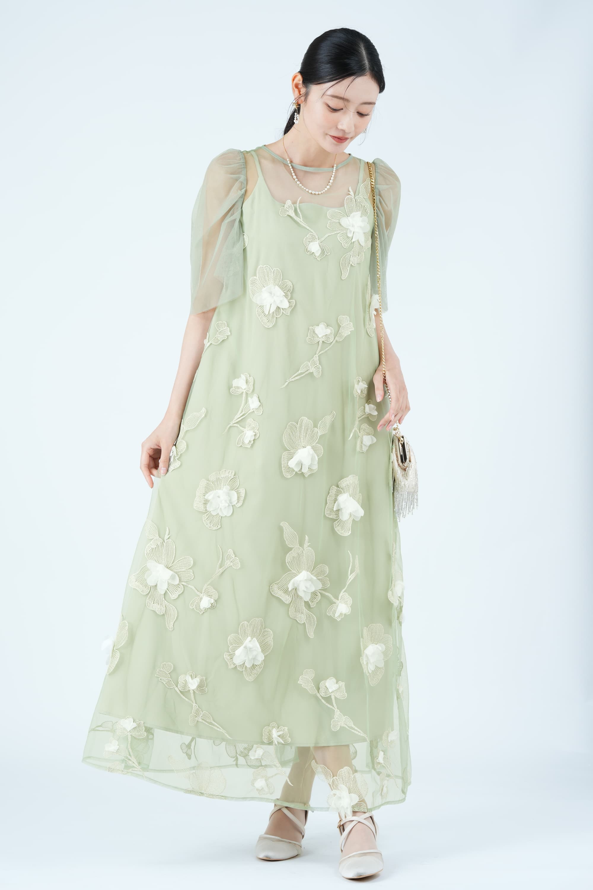 立体フローラルグリーンドレス