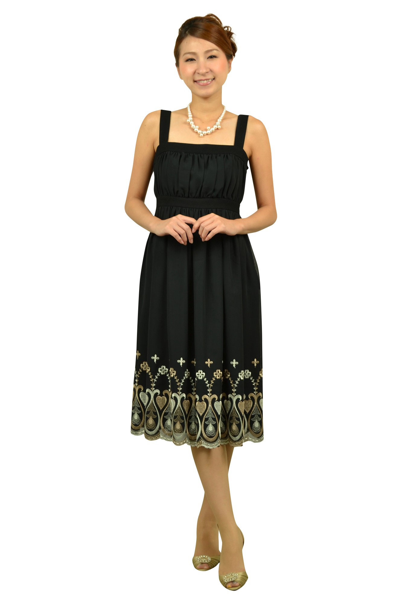 ブラック裾刺繍ミディドレスセット