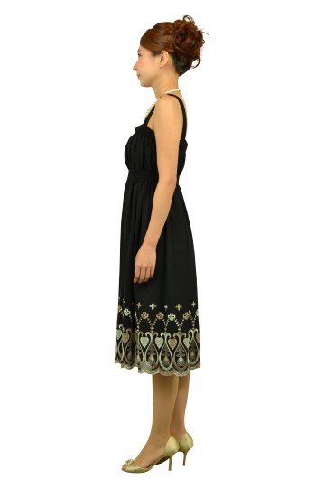 ブラック裾刺繍ミディドレスセット