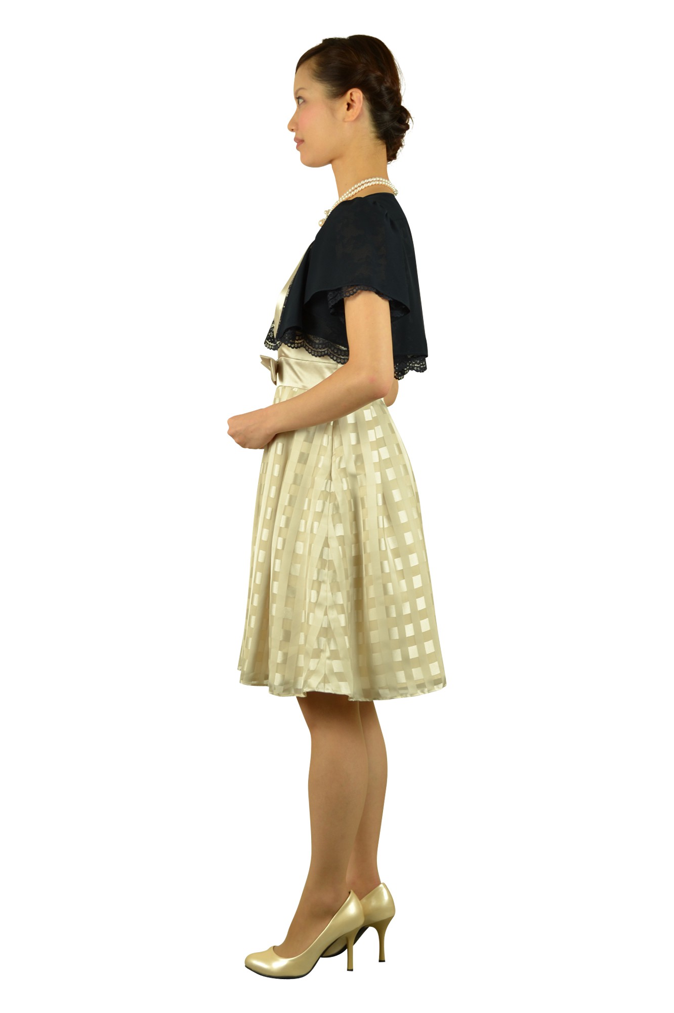 格子フィットアンドフレアベージュドレスセット