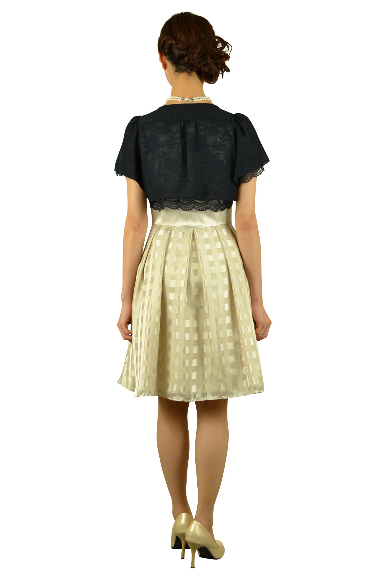 格子フィットアンドフレアベージュドレスセット