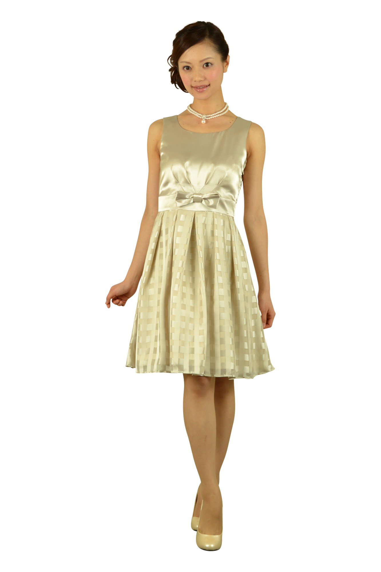 格子フィットアンドフレアベージュドレスセット