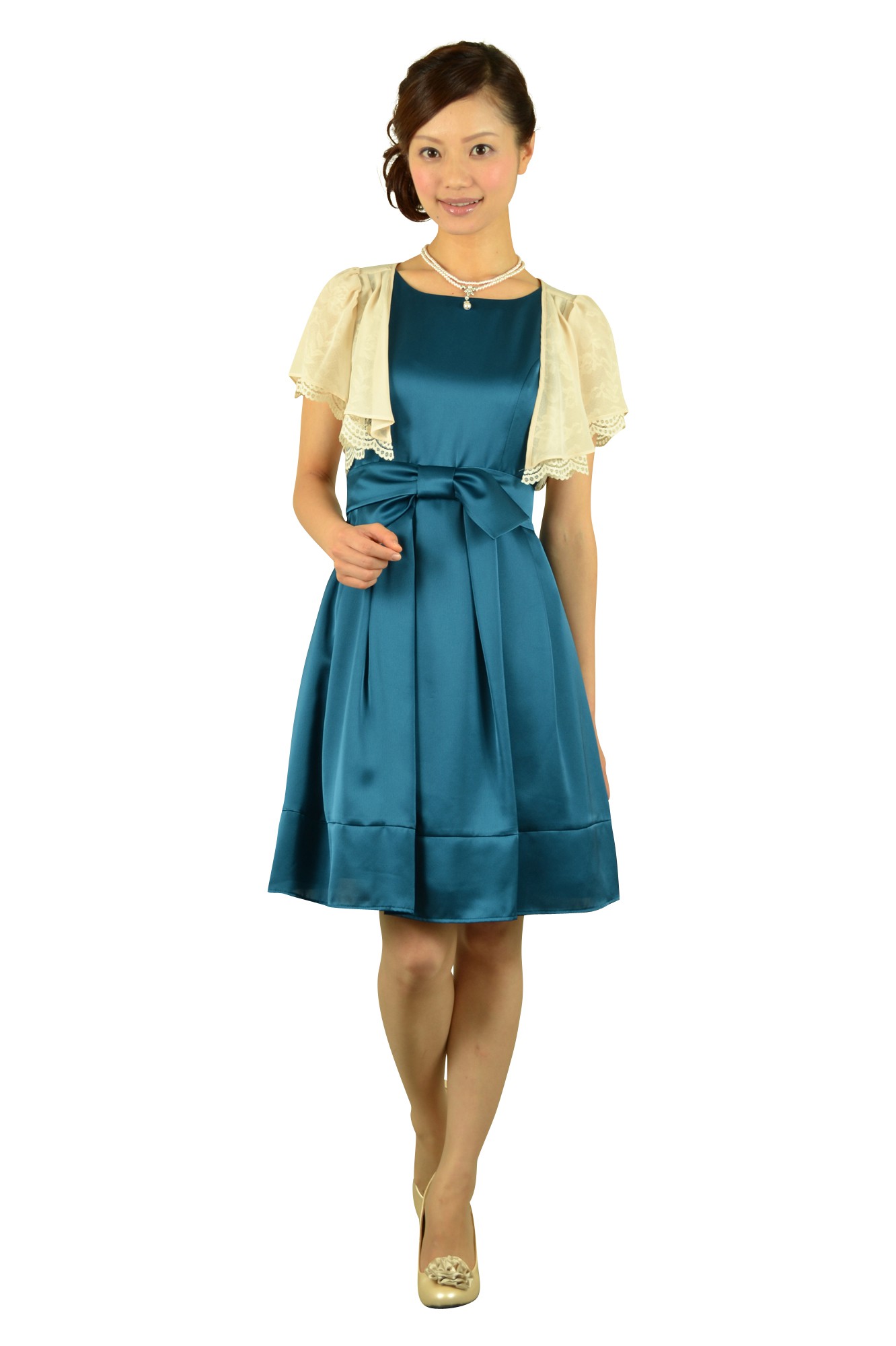 ブルーグリーン光沢リボンドレス