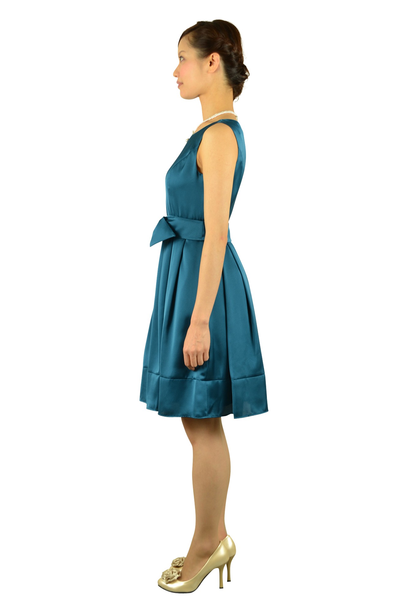 ブルーグリーン光沢リボンドレス