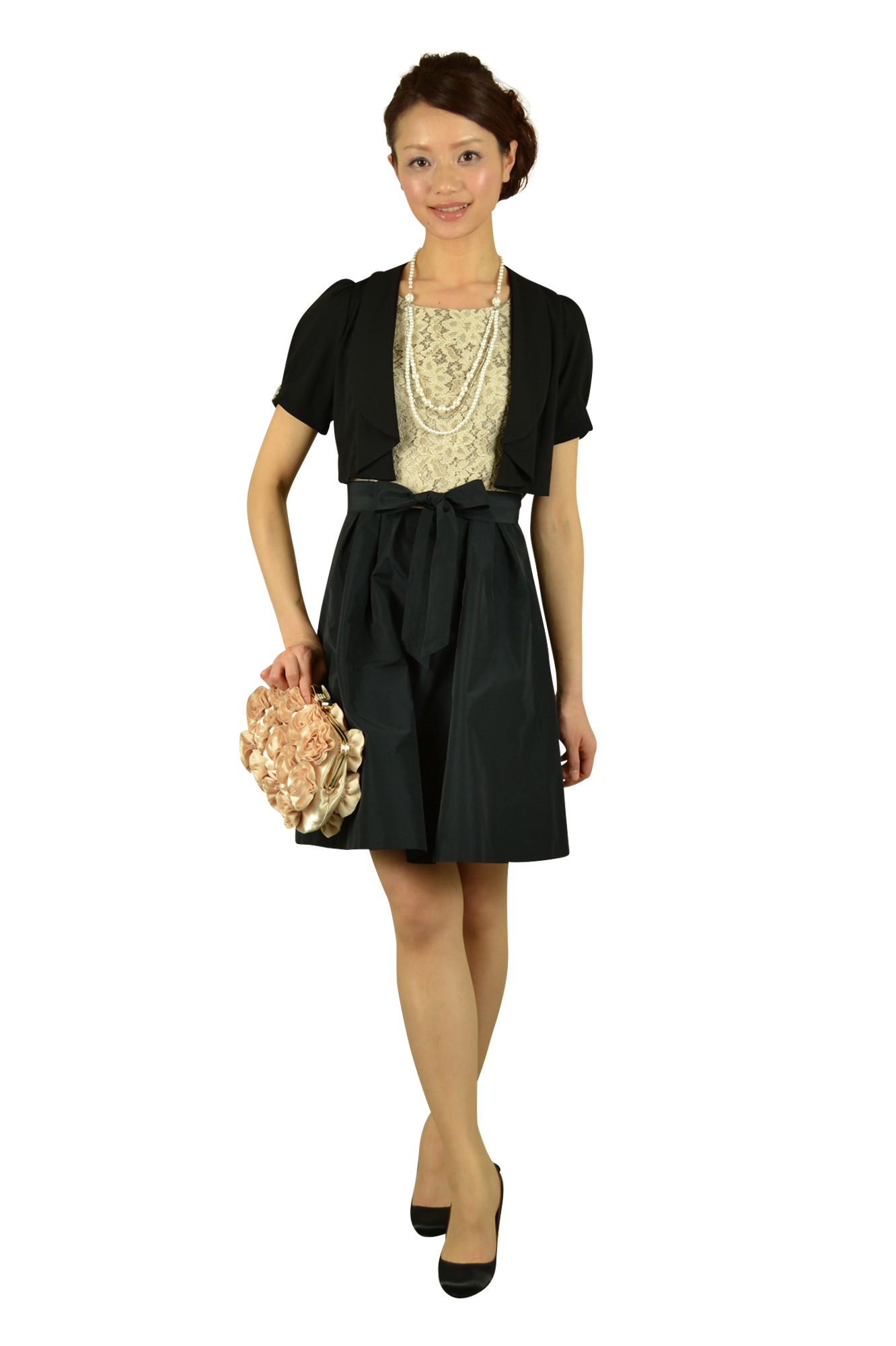 ベージュレース切り替えドレスセット