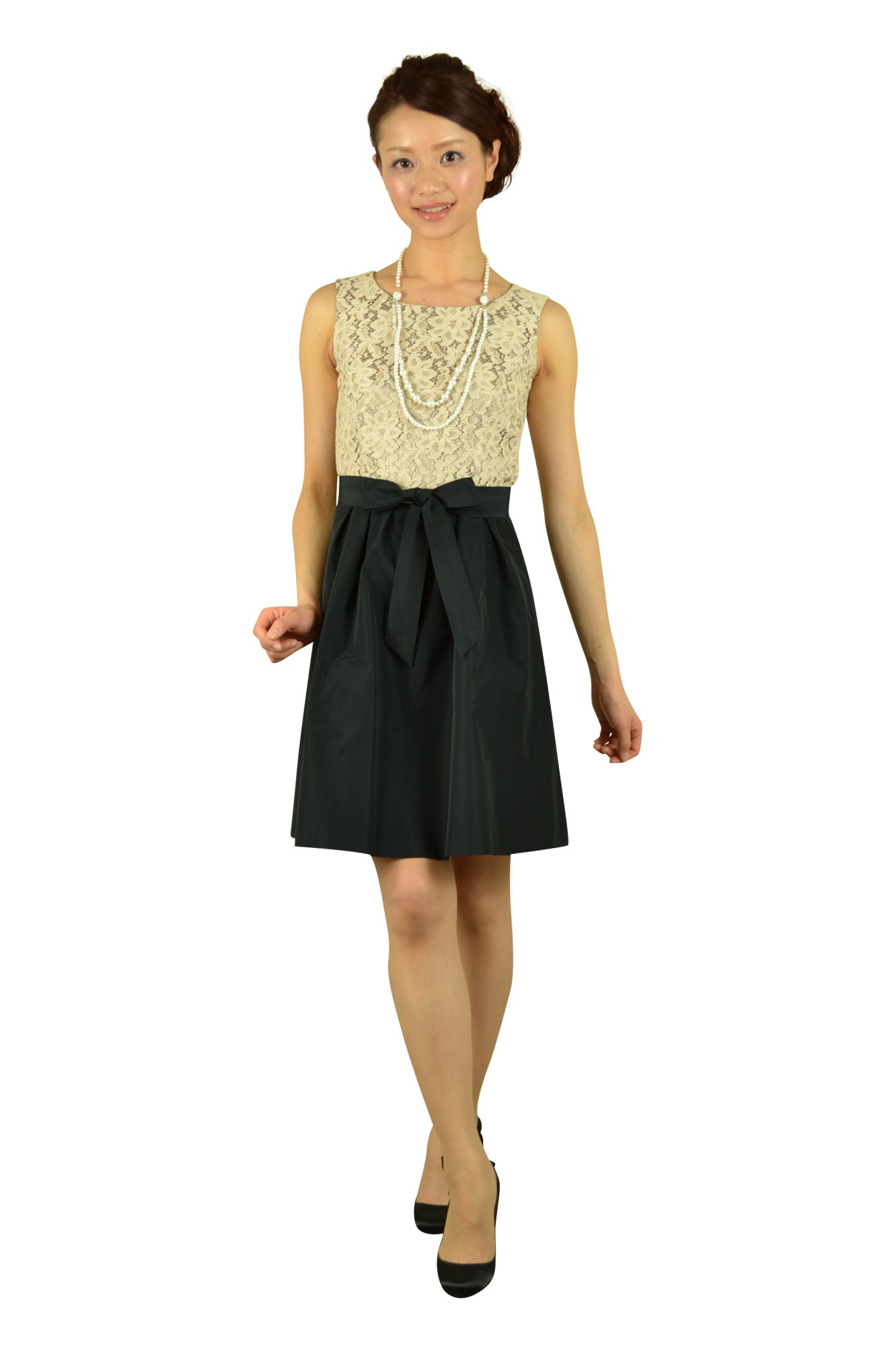 ベージュレース切り替えドレスセット