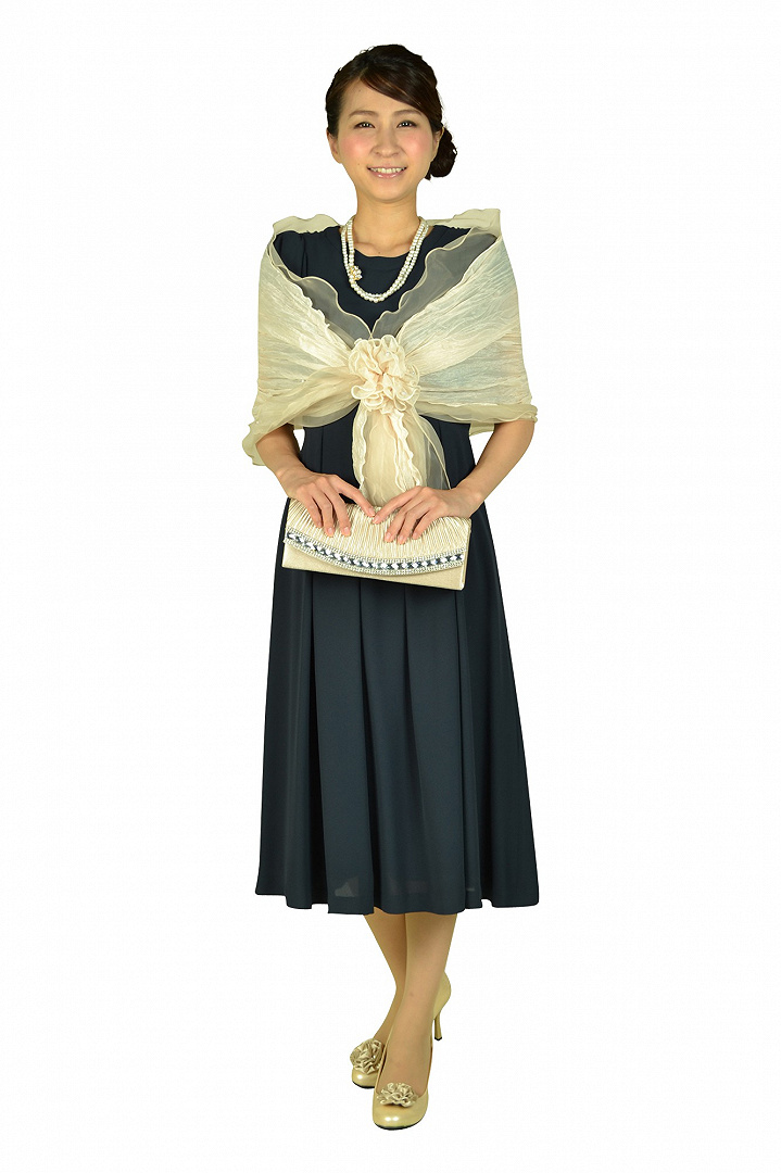 フリル袖ネイビーミディドレスセット