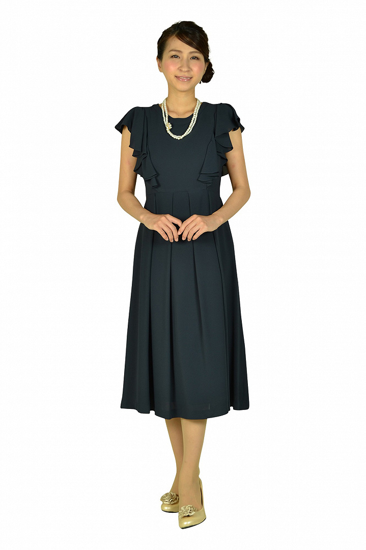 フリル袖ネイビーミディドレスセット