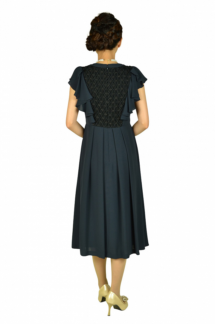 フリル袖ネイビーミディドレスセット